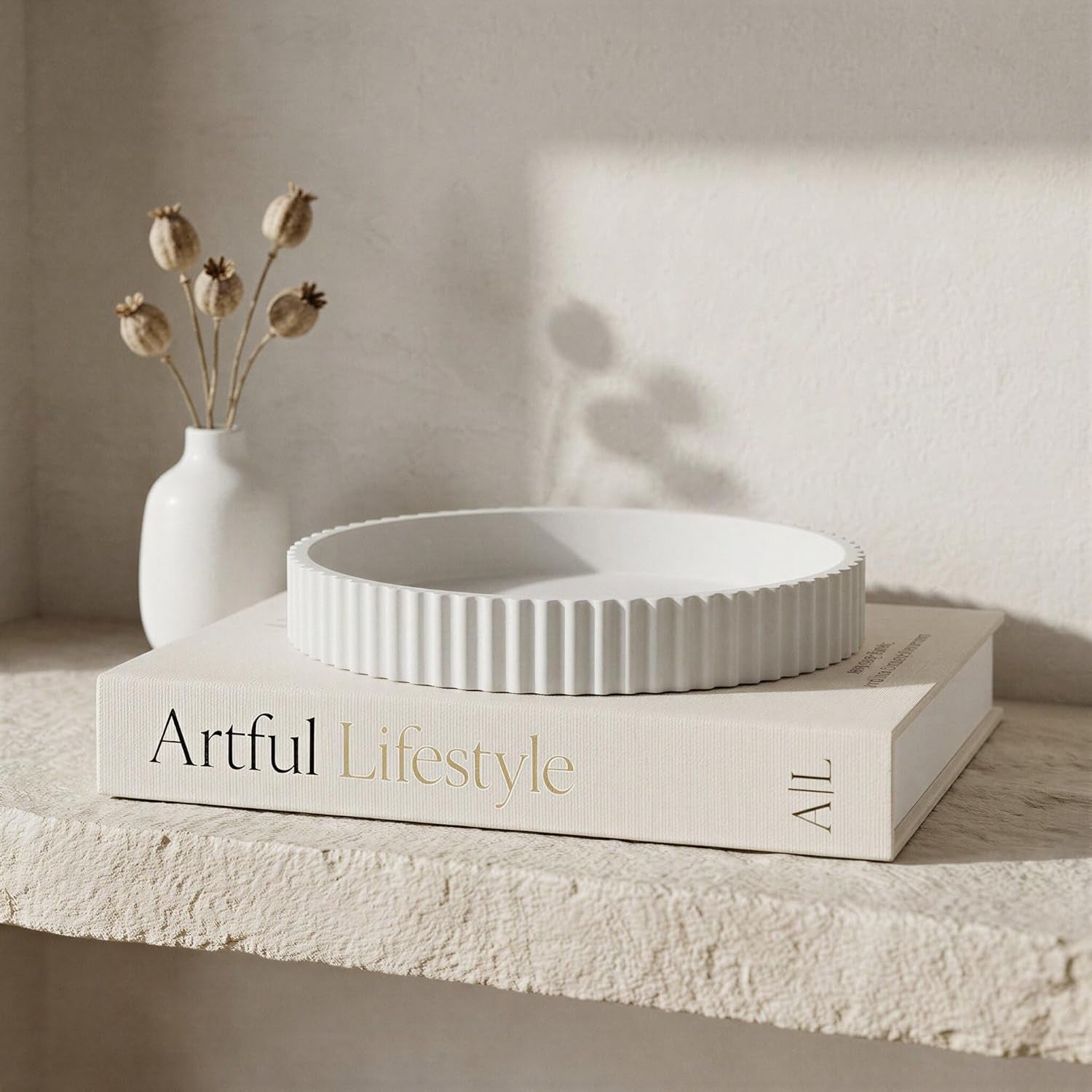 Decorative Concrete Tray & Book Decor Set - Scalloped Tray & Linen Box Enhance Your Coffee Table or Bookshelf Decor - Stylish Home Decoration for Your Living or Dining Room & as a Housewarming Gift