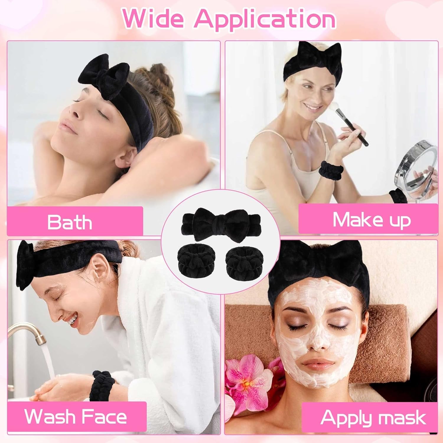 Makeup Headbands, 1Pcs Black Spa Headband Fluffy Bow Tie Headband Microfiber Face, and 2Pcs Wrist Spa Wash Band Absorbent Wristbands, for Washing Face Skin Care