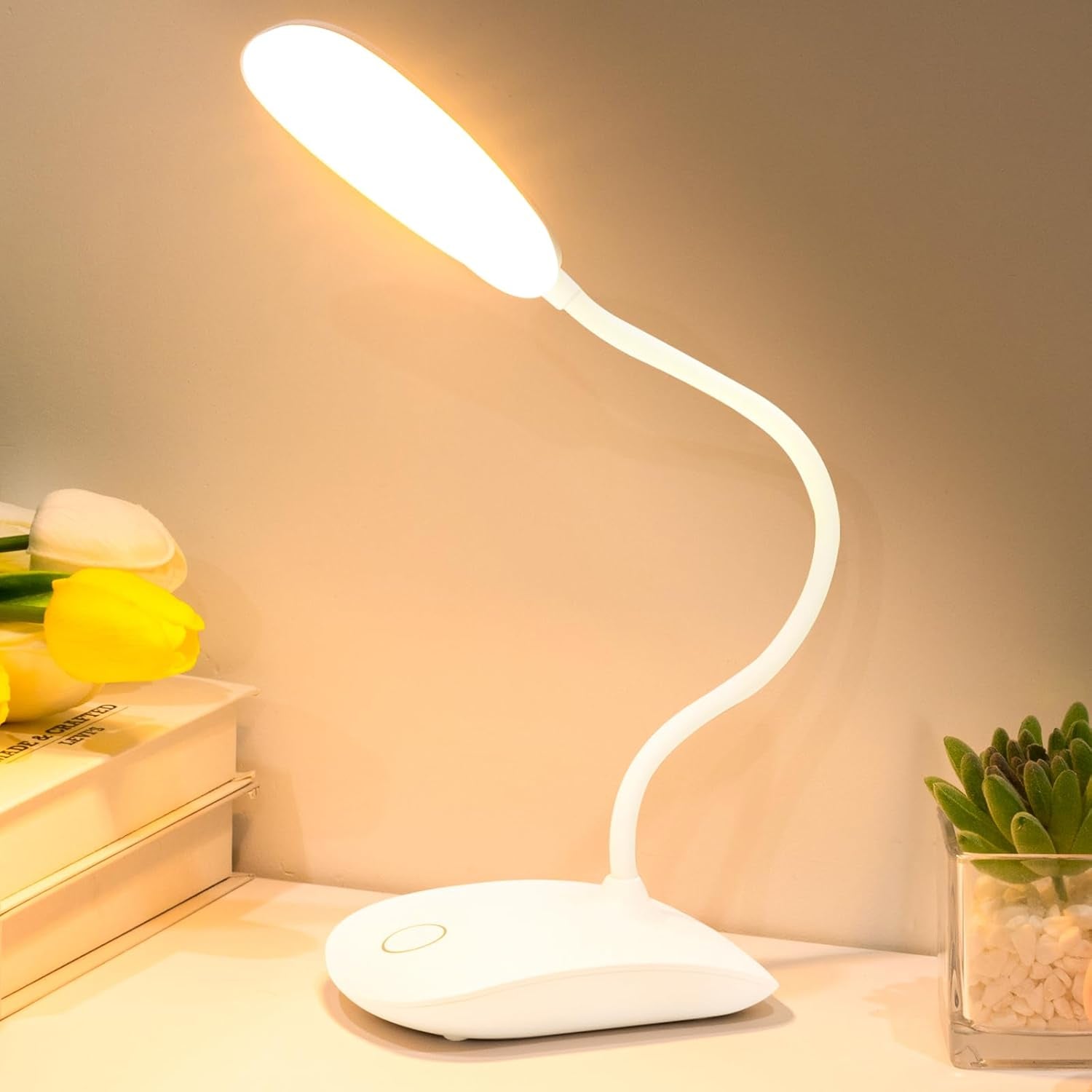 Battery Powered Desk Lamp, Portable Lamps Rechargeable 3 Color Modes Touch Control Stepless Dimming, Wireless Desk Lamp with 2000Mah, Small LED Table Light for Dorm Study Office Bedroom,White