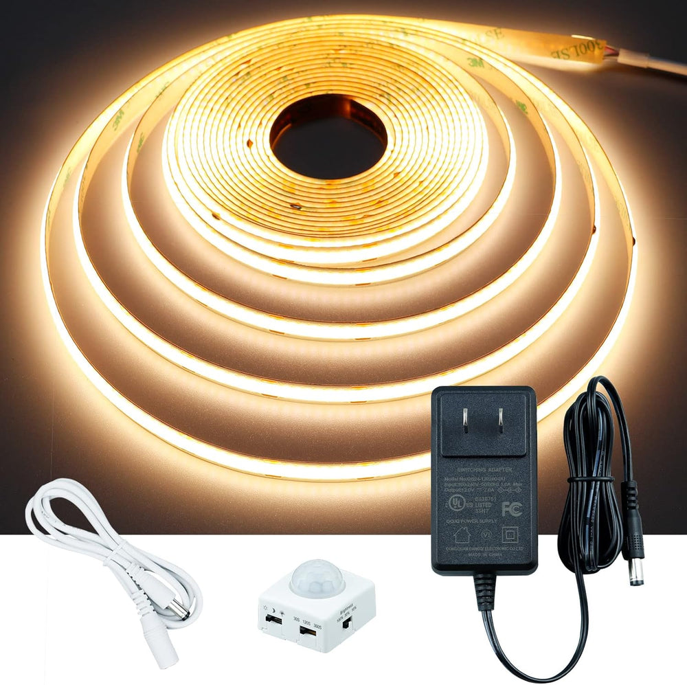 Motion Sensor COB LED Light Strip 16.4Ft(5M) Warm White 3000K 3 Lighting Modes 3 Timing off Modes 3 Brightness Modes with Power Adapter for Kitchen Cabinets Stair Showcase Bedroom Bed