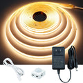 Motion Sensor COB LED Light Strip 16.4Ft(5M) Warm White 3000K 3 Lighting Modes 3 Timing off Modes 3 Brightness Modes with Power Adapter for Kitchen Cabinets Stair Showcase Bedroom Bed