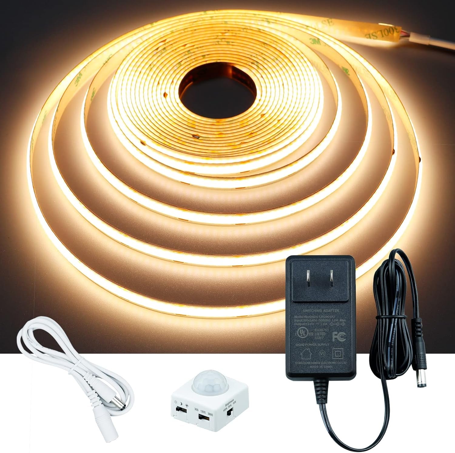 Motion Sensor COB LED Light Strip 16.4Ft(5M) Warm White 3000K 3 Lighting Modes 3 Timing off Modes 3 Brightness Modes with Power Adapter for Kitchen Cabinets Stair Showcase Bedroom Bed
