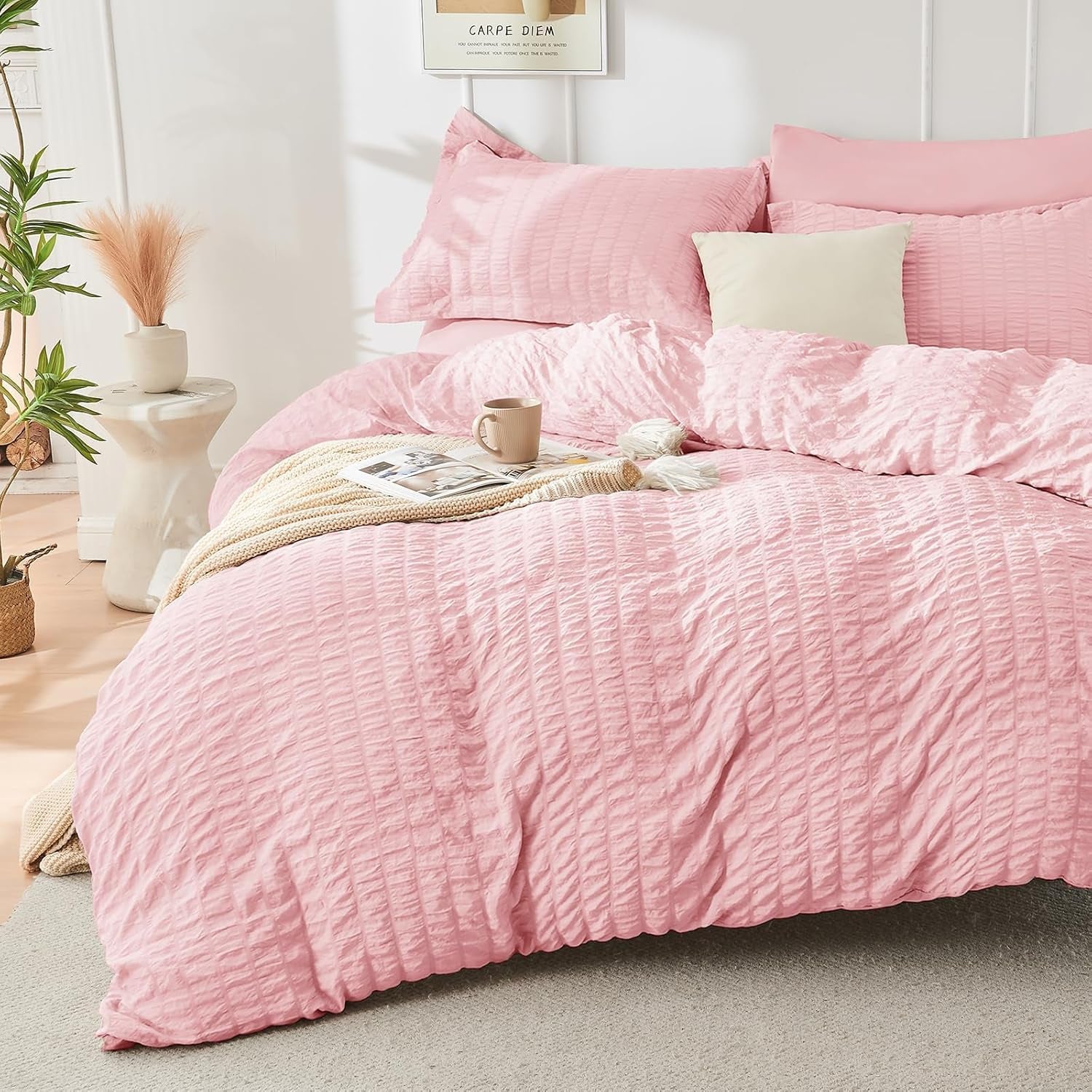 Pink Full Size Comforter Sets Seersucker 7 Pieces, All Season Luxury Bed in a Bag for Bedroom, Bedding Set with Comforters, Sheets, Pillowcases & Shams