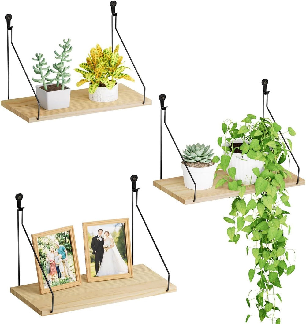 Elevate Your Space with Rustic Wood Floating Shelves Set of 3- Perfect for Bedroom, Living Room, Bathroom, and Kitchen Decor - Easy Installation, No Drilling Needed!