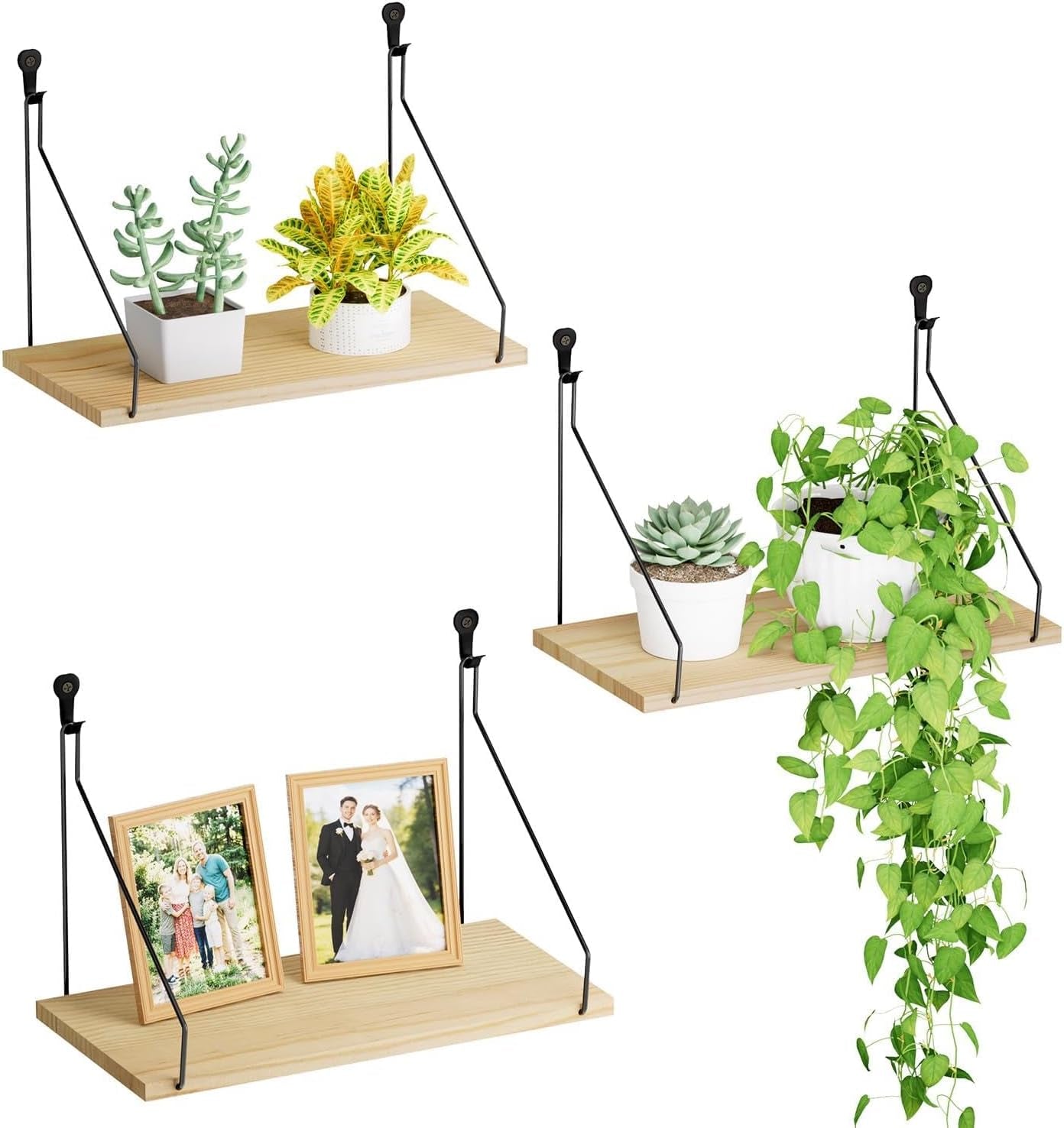 Elevate Your Space with Rustic Wood Floating Shelves Set of 3- Perfect for Bedroom, Living Room, Bathroom, and Kitchen Decor - Easy Installation, No Drilling Needed!