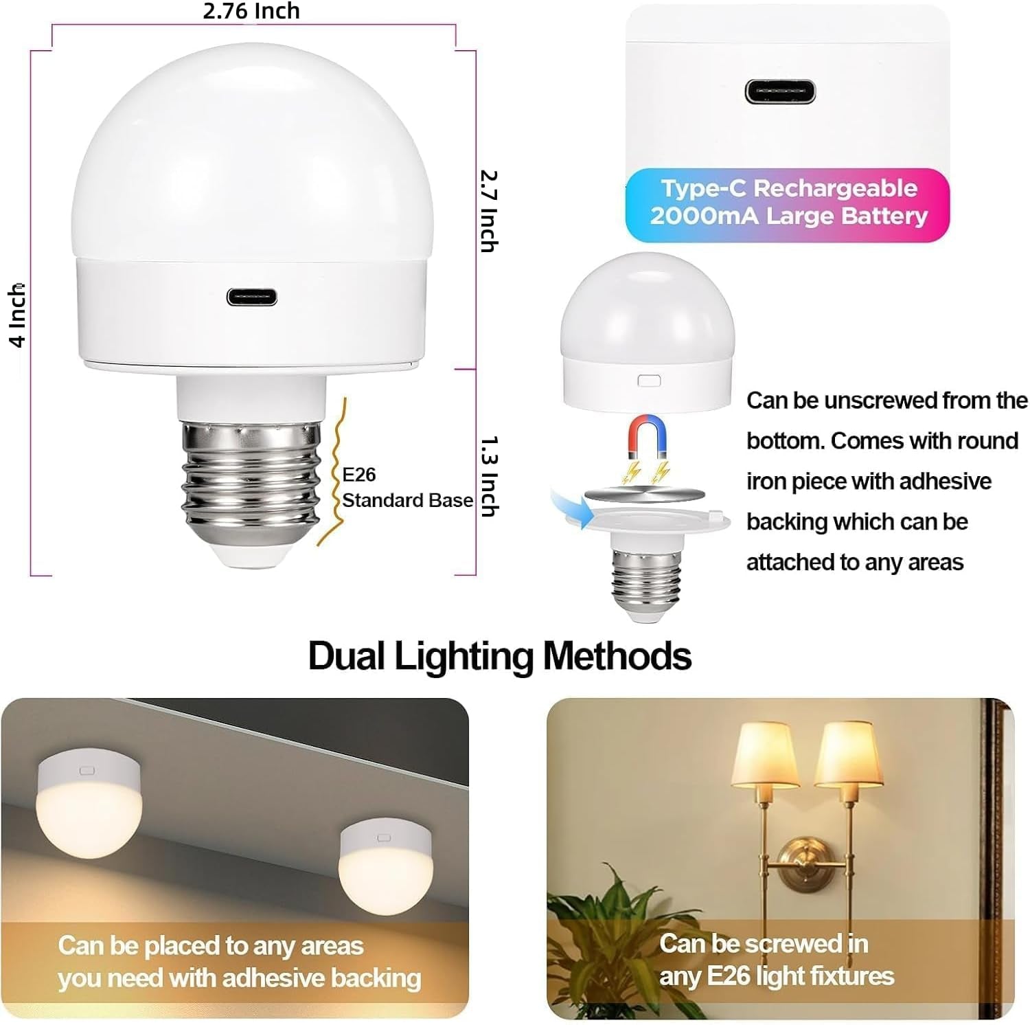 Rechargeable Battery Operated Light Bulb with Remote & Timer, Dimmable Backup Magnetic LED Bulb with 15 Colors, Wireless Puck Light Bulb for Wall Sconce Lamps, Non-Hardwired, 2-Pack