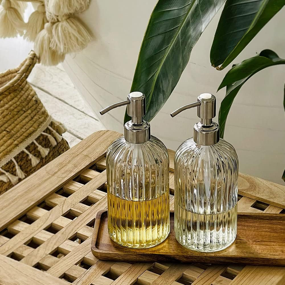 2PACK 18 Oz Glass Soap Dispenser with Rust Proof Stainless Steel Pump, Refillable Hand Soap Dispenser with Vertical Stripe, Premium Bathroom Soap Dispenser for Kitchen & Bathroom