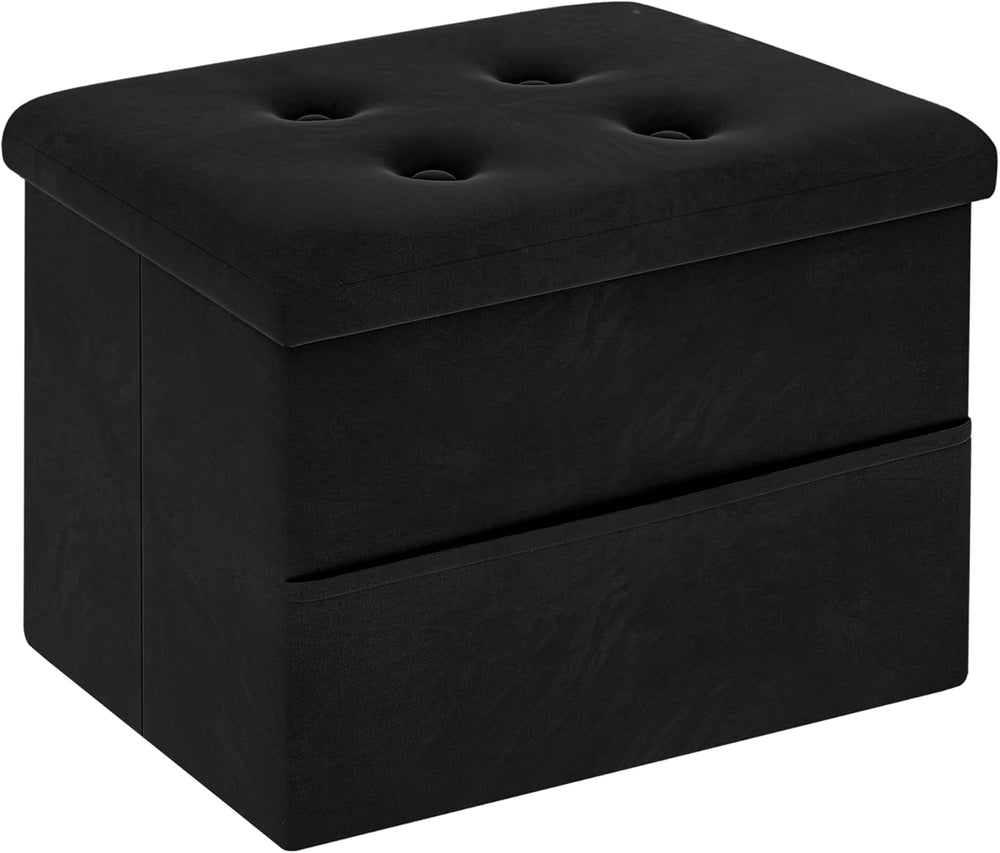 Small Storage Ottoman Foot Rest, Velvet Ottoman with Storage and Side Pocket, Black Foot Rest for Couch, Foldable Footstool for Chair, Living Room&Dorm, 16"X12"X12"