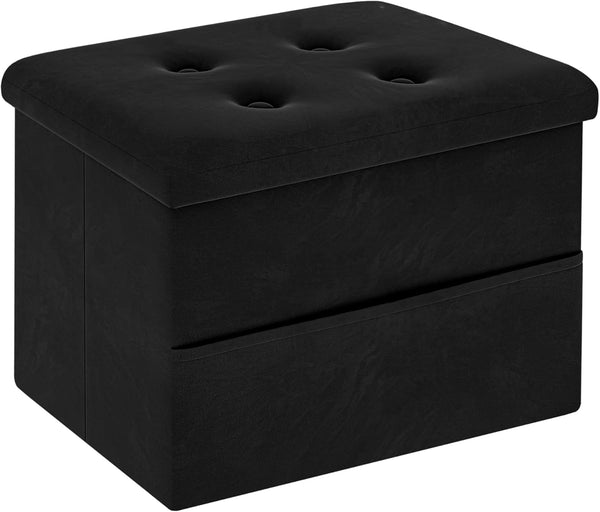 Small Storage Ottoman Foot Rest, Velvet Ottoman with Storage and Side Pocket, Black Foot Rest for Couch, Foldable Footstool for Chair, Living Room&Dorm, 16"X12"X12"