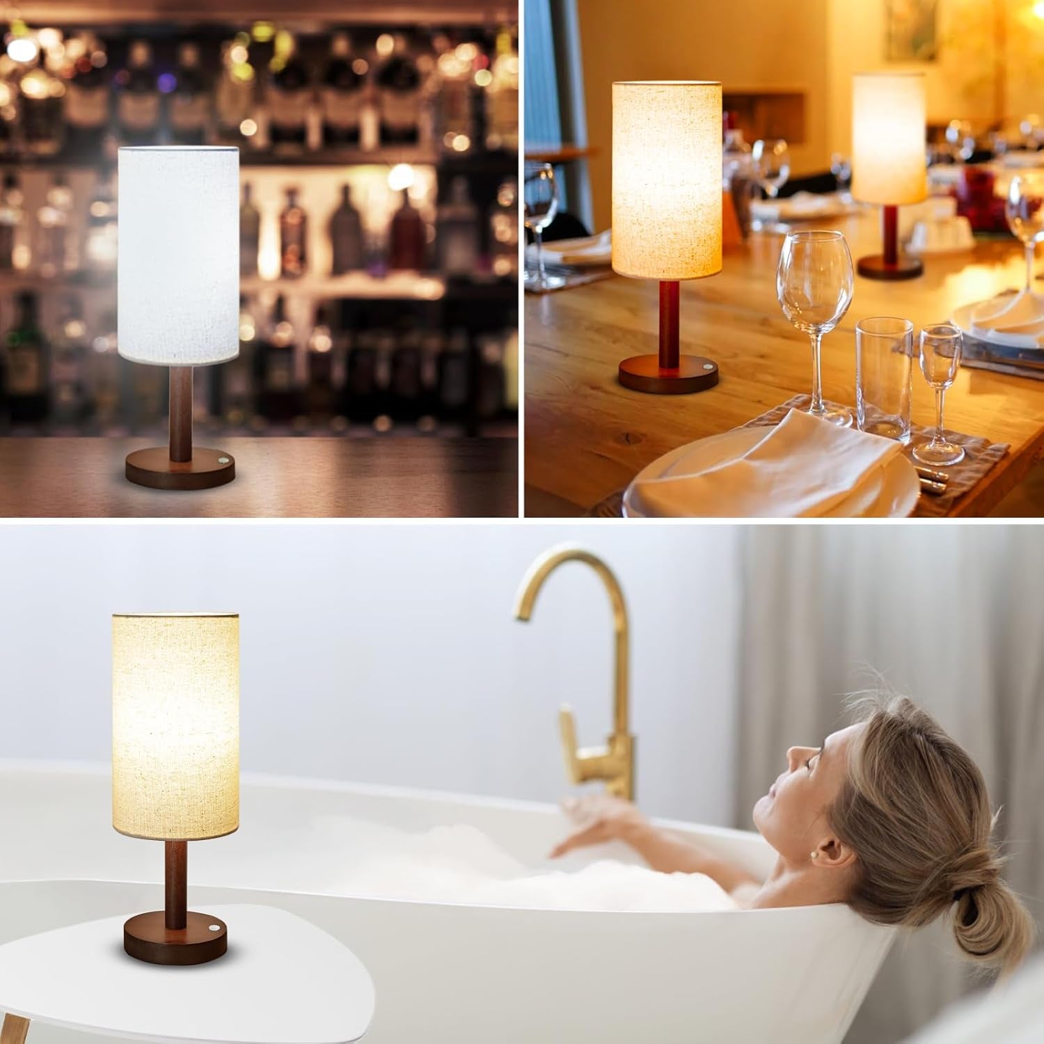 Cordless Table Lamp, 3 Color Dimming Portable Battery Lamp, Touch Control Wood Base Small Bedside Lamps for Night Stands, Living Room, Office(Led Bulb Included) (Cordless Wood Base)