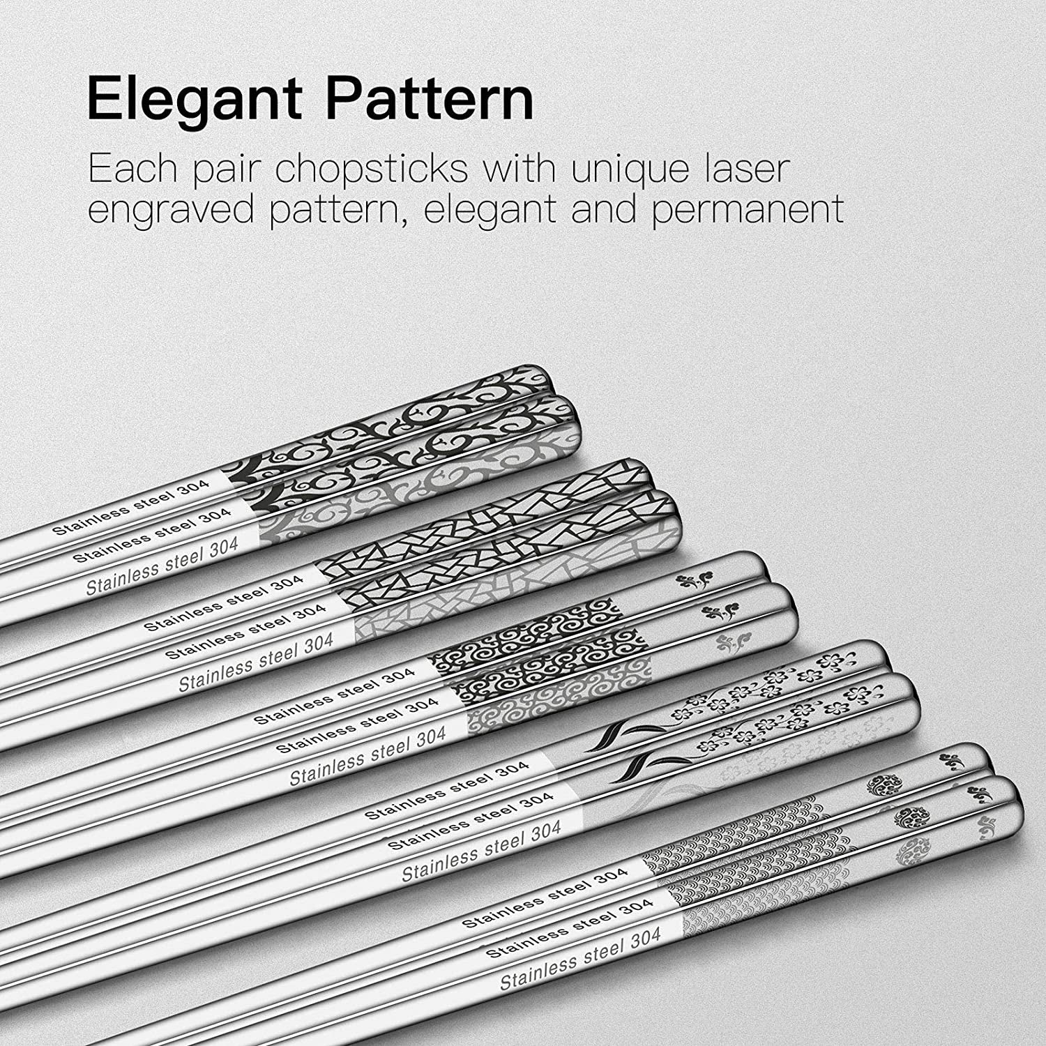 Metal Chopsticks Reusable 18/8 Stainless Steel Chopsticks Multipack Dishwasher Safe Chop Sticks Cute Laser Engraved Non-Slip Japanese Korean Chopstick for Cooking Eating 9 1/4 Inches 5 Pairs Gift Set