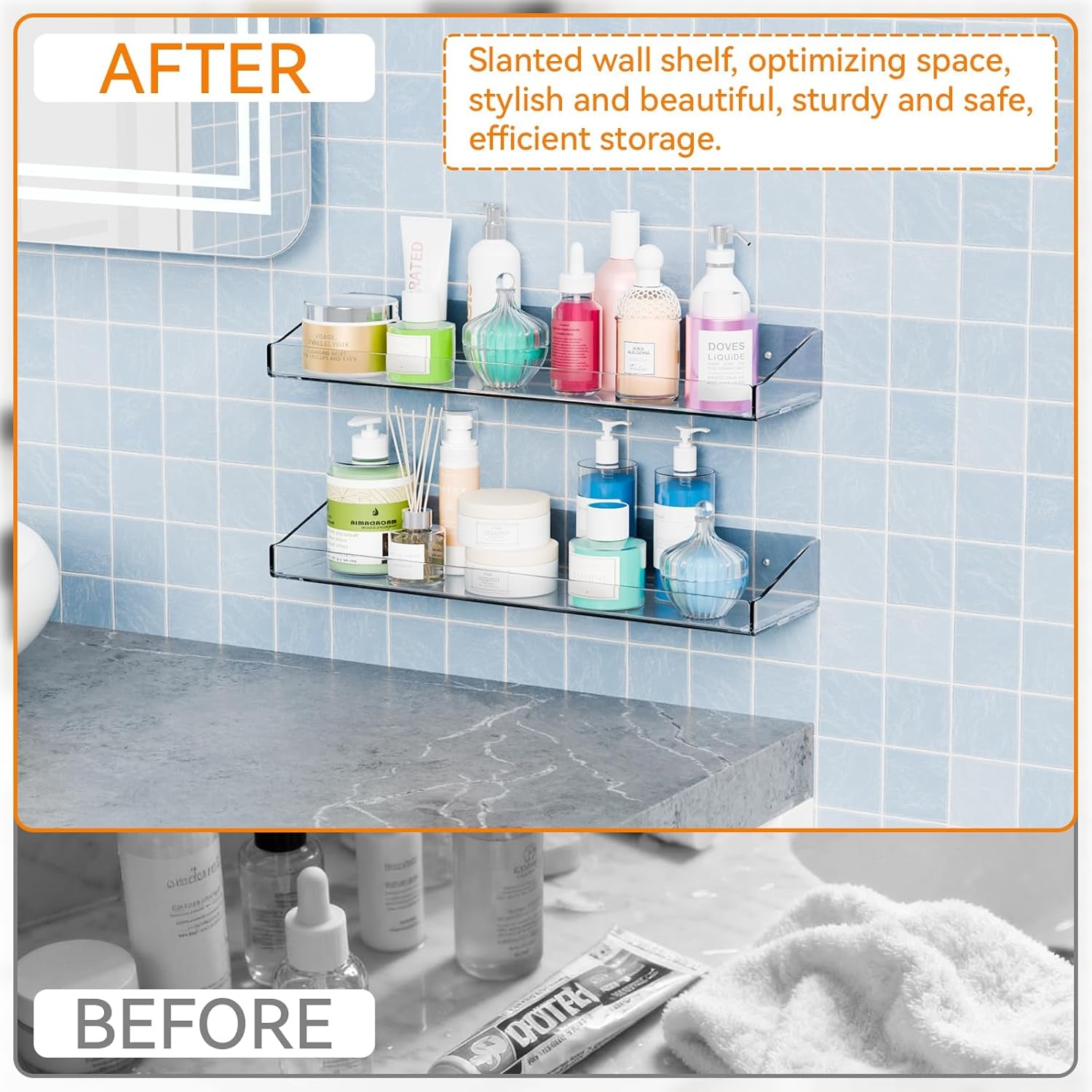 2 Pack Clear Shower Shelves for Tile Walls,Adhesive Acrylic Bathroom Shelves Organizer and Storage,No Drill Acrylic Shower Wall Caddy & Shelf,Floating Shelves for Makeup,Perfume,Shampoo Holder