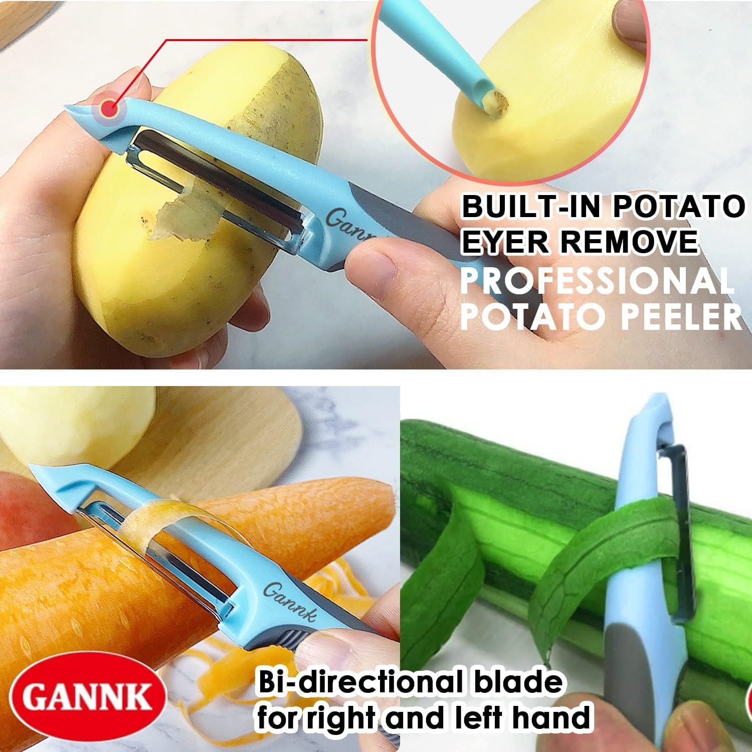 Potato Apple Vegetable Peelers for Kitchen, I and Y Peelers for Fruit Veggie Potatoes Carrot Cucumber, 3 in 1 Blade Spin Design with Julienne Function