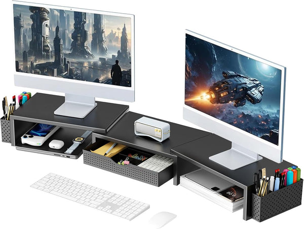 Dual Monitor Stand Riser, Desk Organizer with Drawer and 2 Pen Holders, Computer Monitor Stand, Desk Shelf for Top of Desk (Black)