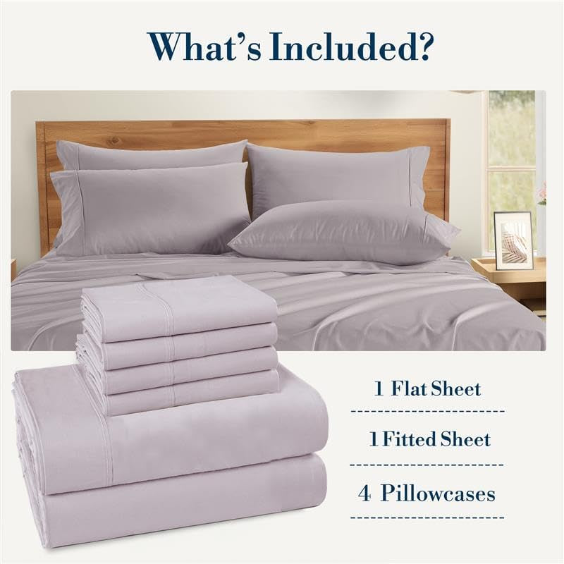 100% Cotton Queen Size Sheets â€“ Crisp Percale Sheets Queen with 4 Pillowcases, with 15" Deep Pocket Sheet for Secure Fit, Ultra Soft & Cozy, Excellent Quality & Fit â€“ Grey Lavender