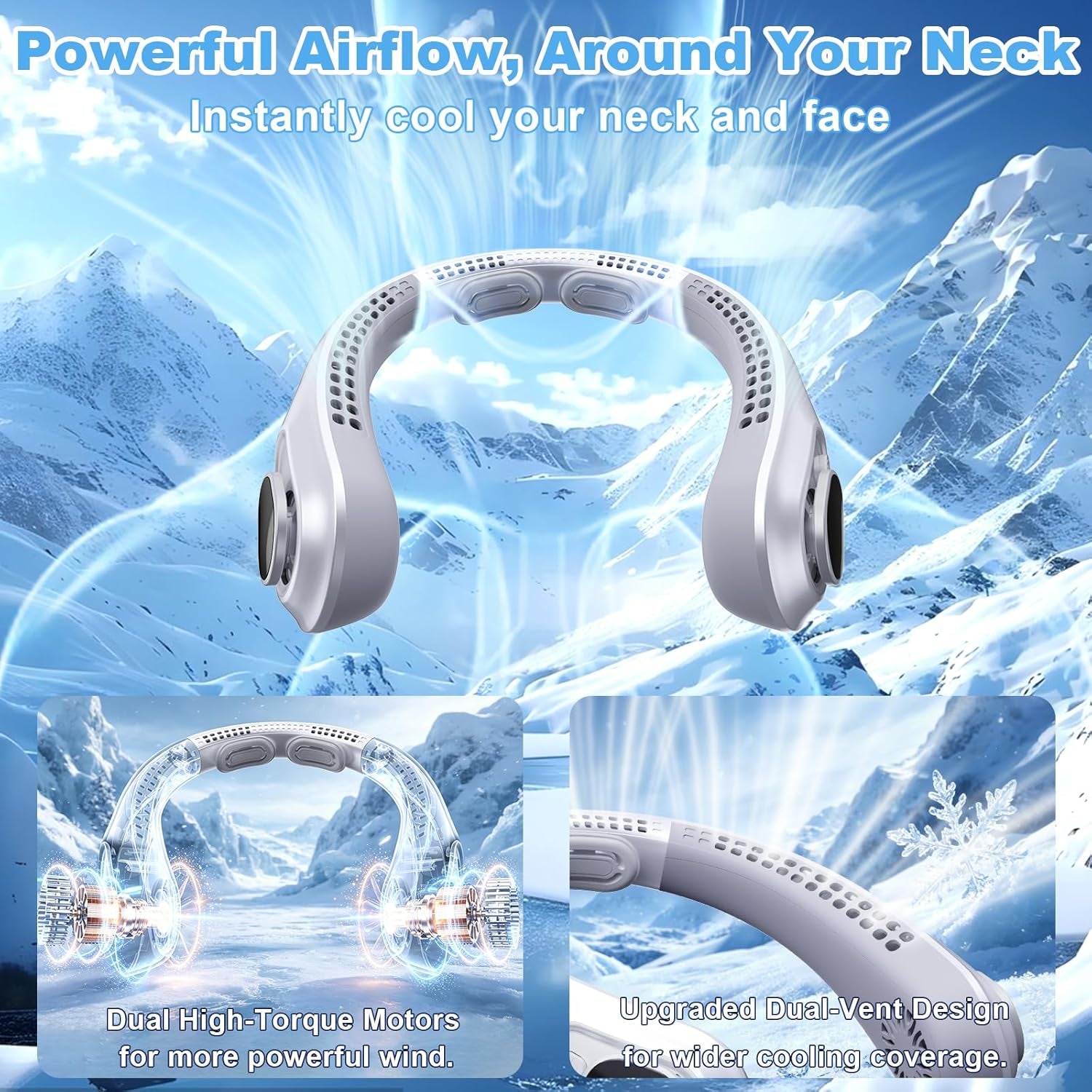 Portable Neck Fan Rechargeable - [With LED Display] 5 Speeds, 5000 Mah Battery Operated Wearable Personal Cooling Bladeless Fan for Outdoor Travel, Gifts for Men Women Kids,Gray