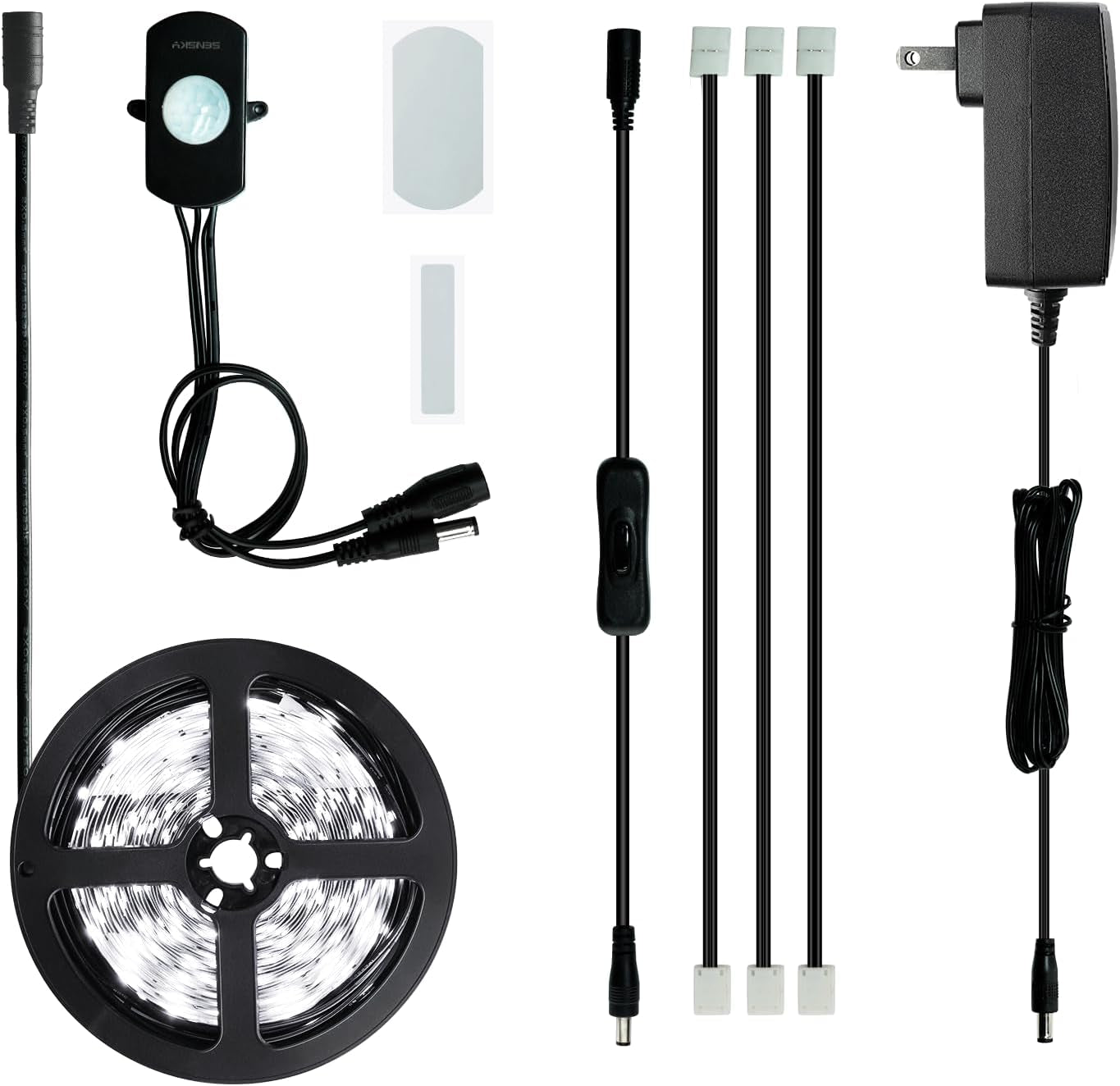 19.7Ft/6M Motion Activated LED Strip Light Kit with FCC Listed Adapter for Gun Safe, under Cabinet, under Bed, Pantry, Kitchen, Stairway, Closet Lighting (White 6000-6500K)