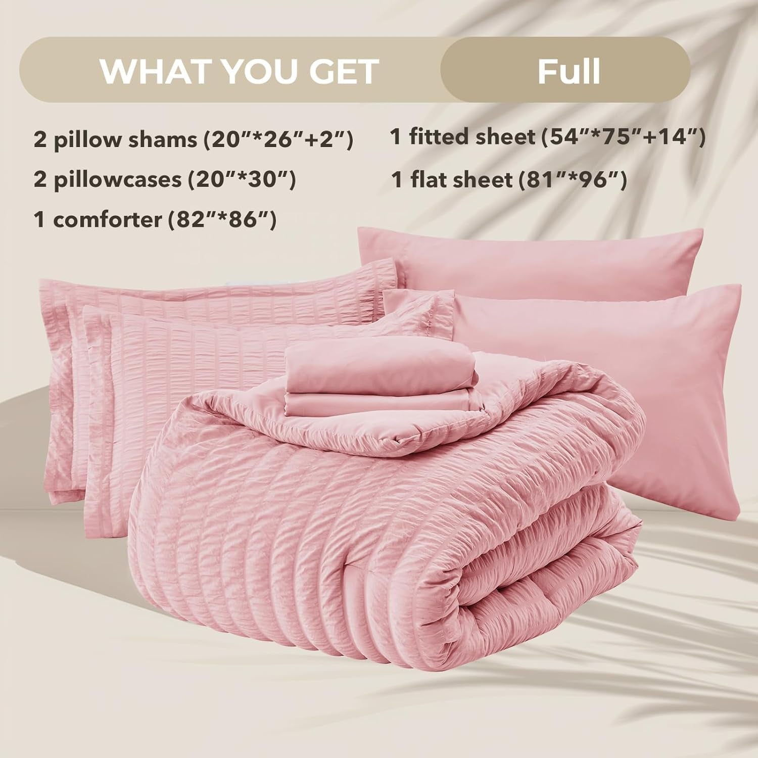 Pink Full Size Comforter Sets Seersucker 7 Pieces, All Season Luxury Bed in a Bag for Bedroom, Bedding Set with Comforters, Sheets, Pillowcases & Shams