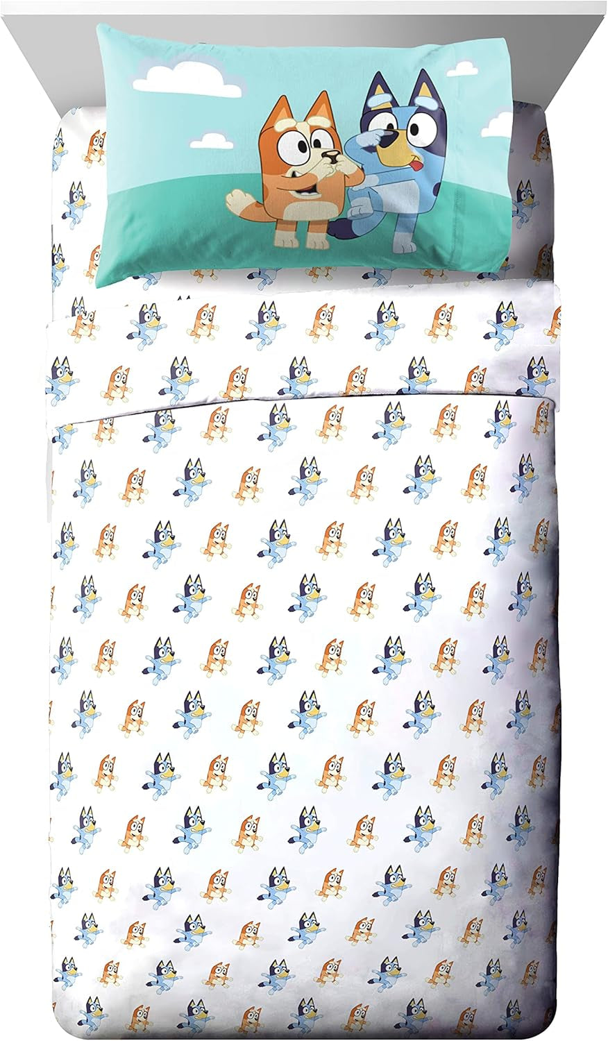 Bluey & Bingo 4 Piece Toddler Bedding Set â€“ Includes Comforter, Sheets & Pillowcase, Super Soft Fade Resistant Microfiber, Official Licensed Toddler Bed Set for Boys and Girls, Blue