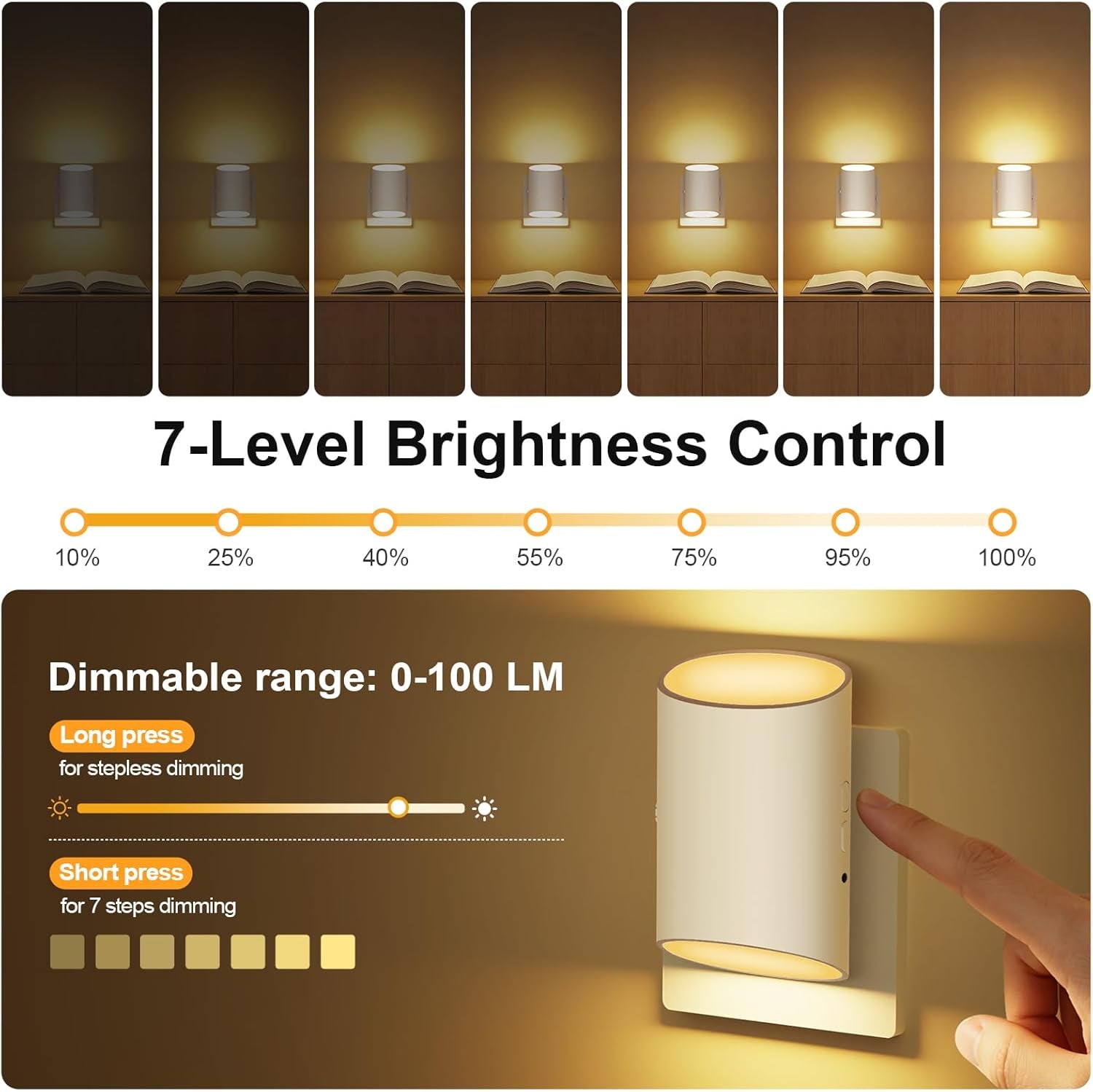 LED Night Light Plug into Wall with Motion Sensor & Dusk to Dawn Sensor, Soft White 3000K, 1-100LM Adjustable Brightness, Nightlights for Bathroom, Hallways, Bedroom, Stairway, 2 Pack