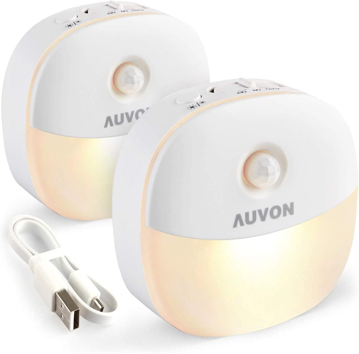 Rechargeable Battery Night Light, Mini with Motion Sensor, Warm White LED Stick-On Closet Light with Dusk to Dawn Sensor, Adjustable Brightness for Wall, Stairs, Hallway, Cabinet (2 Pack)