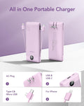 Portable Charger with Built-In AC Plug and Cables, All in One 10000Mah Ultra Slim Power Bank Travel Essentials, Fast Charging Battery Pack Compatible with Iphone, Samsung, Android (Purple)
