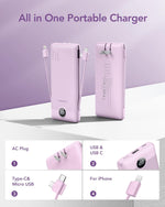 Portable Charger with Built-In AC Plug and Cables, All in One 10000Mah Ultra Slim Power Bank Travel Essentials, Fast Charging Battery Pack Compatible with Iphone, Samsung, Android (Purple)