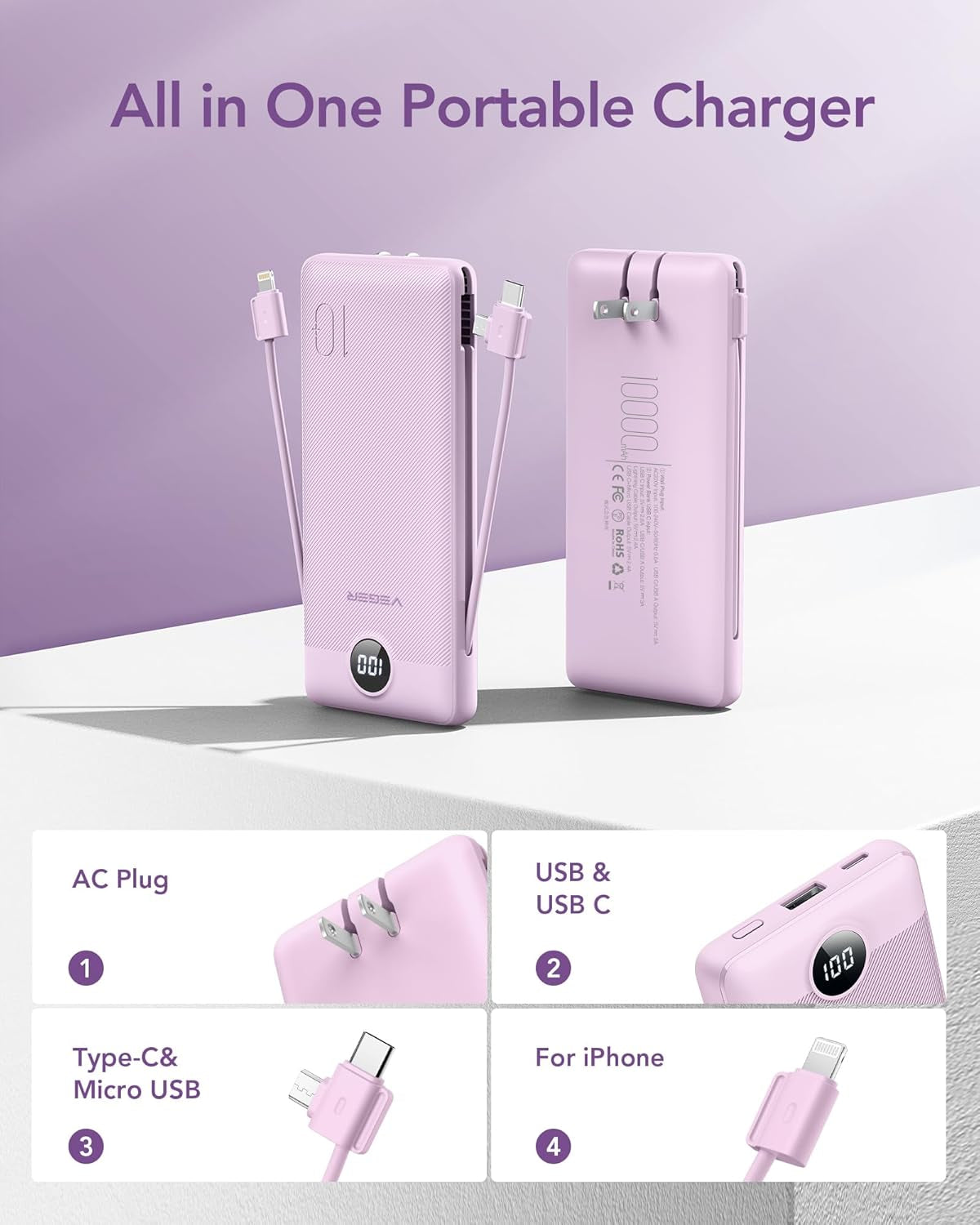 Portable Charger with Built-In AC Plug and Cables, All in One 10000Mah Ultra Slim Power Bank Travel Essentials, Fast Charging Battery Pack Compatible with Iphone, Samsung, Android (Purple)