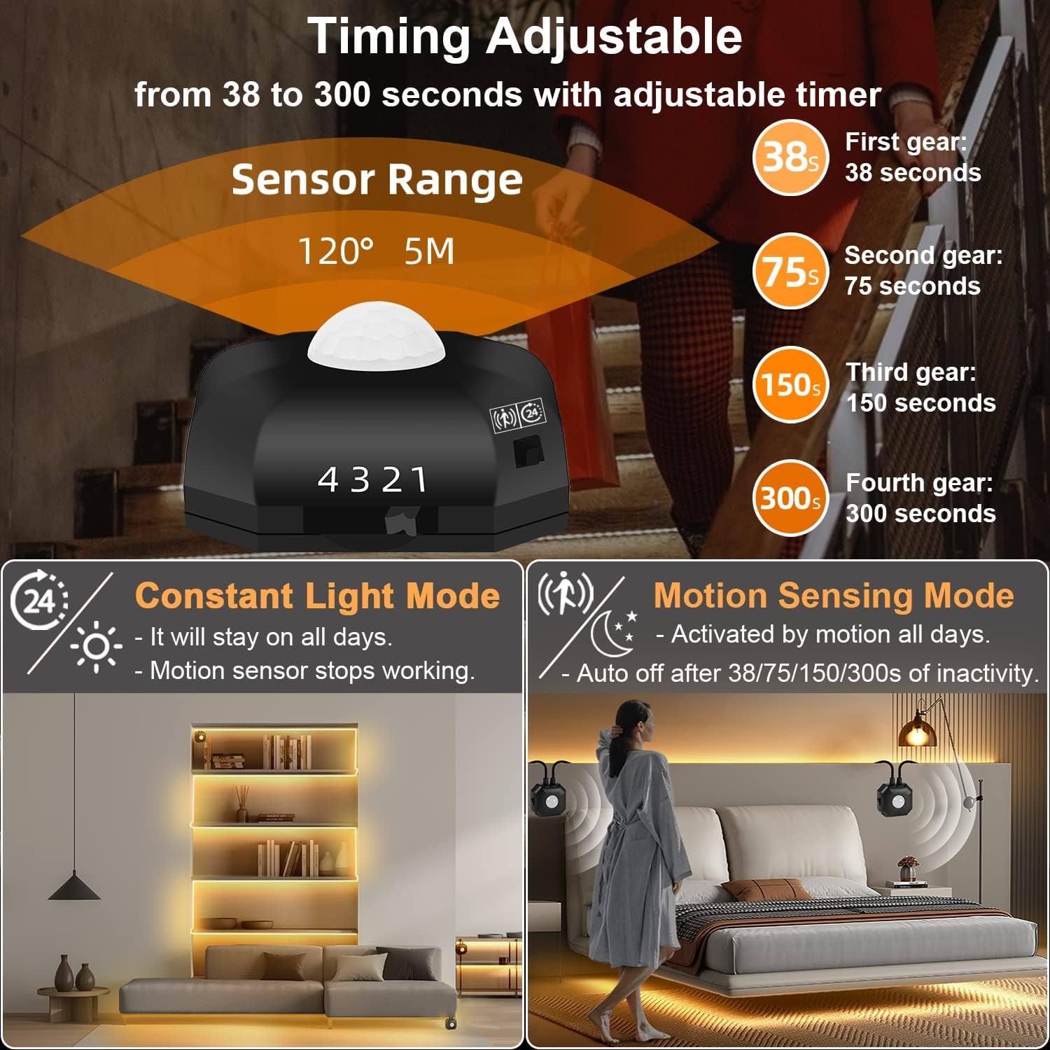 Motion Sensor LED Light Strip, 2PCS 9.8Ft Motion Sensor Light Indoor with Automatic Shut-Off Timer, Motion Activated Bed Lights under Cabinet Lighting Kit for Bedroom Home Hallway-Warm White