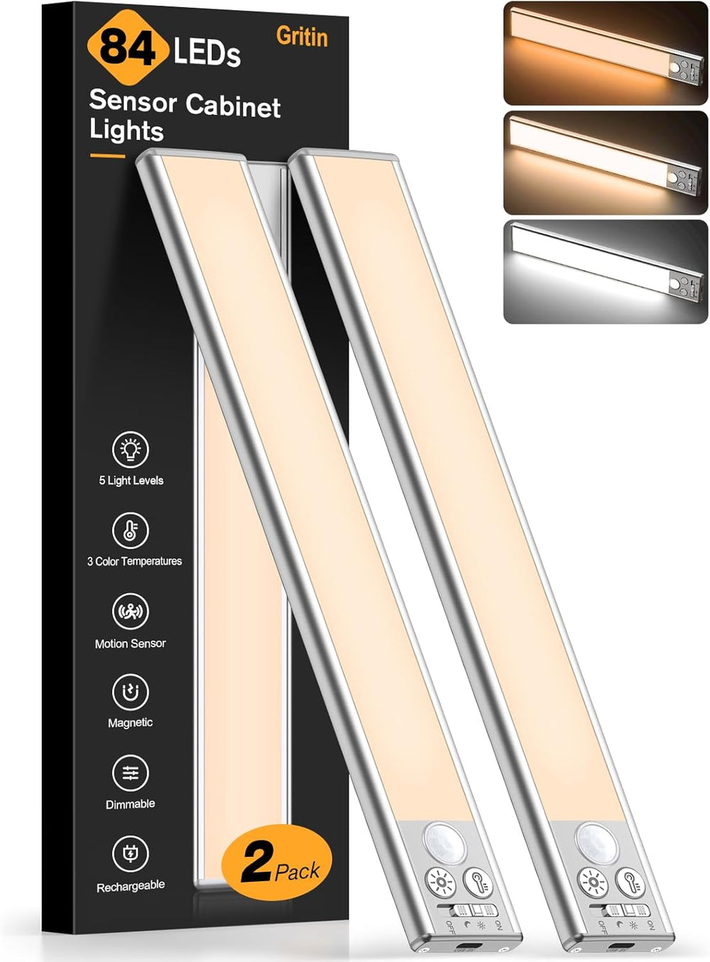10.2Inch under Cabinet Lighting Rechargeable 2 Pack- 3 Color Temps&5 Level Brightness, Super Bright, 4 Modes, Motion Sensor, Long Lasting - Easy Installation Magnetic under Closet Lights