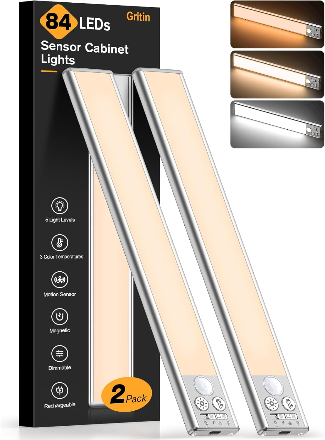 10.2Inch under Cabinet Lighting Rechargeable 2 Pack- 3 Color Temps&5 Level Brightness, Super Bright, 4 Modes, Motion Sensor, Long Lasting - Easy Installation Magnetic under Closet Lights