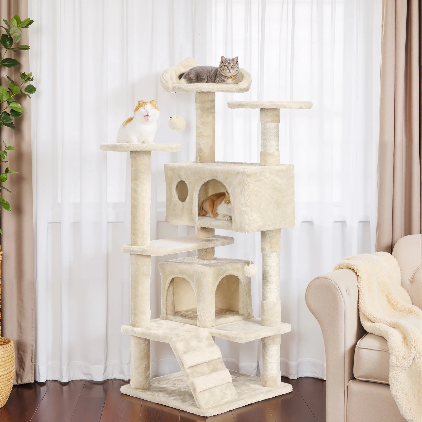 54 Inch Cat Tree Tower with Scratching Post, Multi-Level Cat Condo Pet House Play with Stable Base, Beige