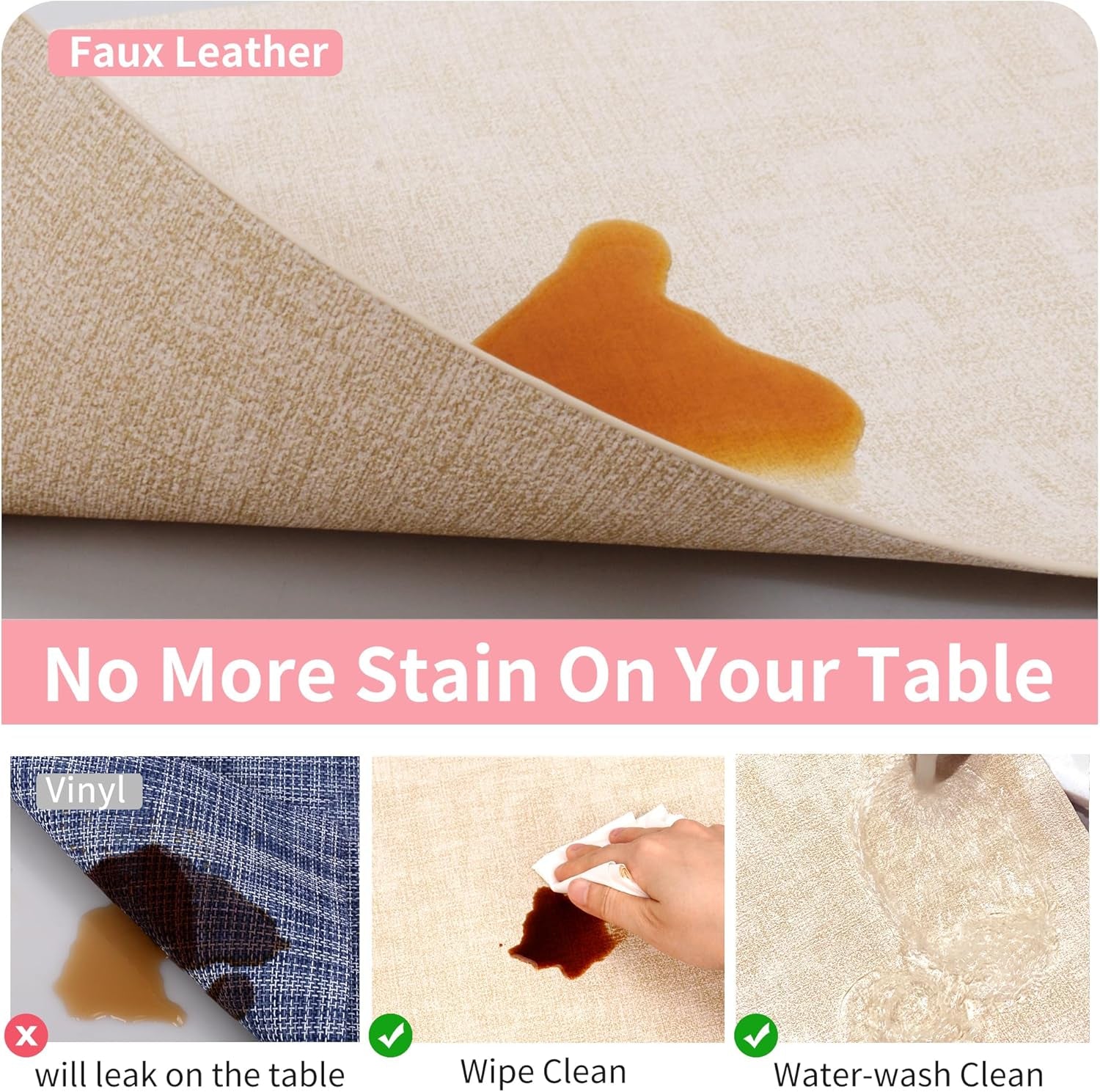Faux Leather Placemats Set of 6 - Waterproof - Wipe Clean - Heat Resistant - anti Slip Dining Table Place Mats, Suitable for Indoor & Outdoor Use, 17’’×12’’, Beige