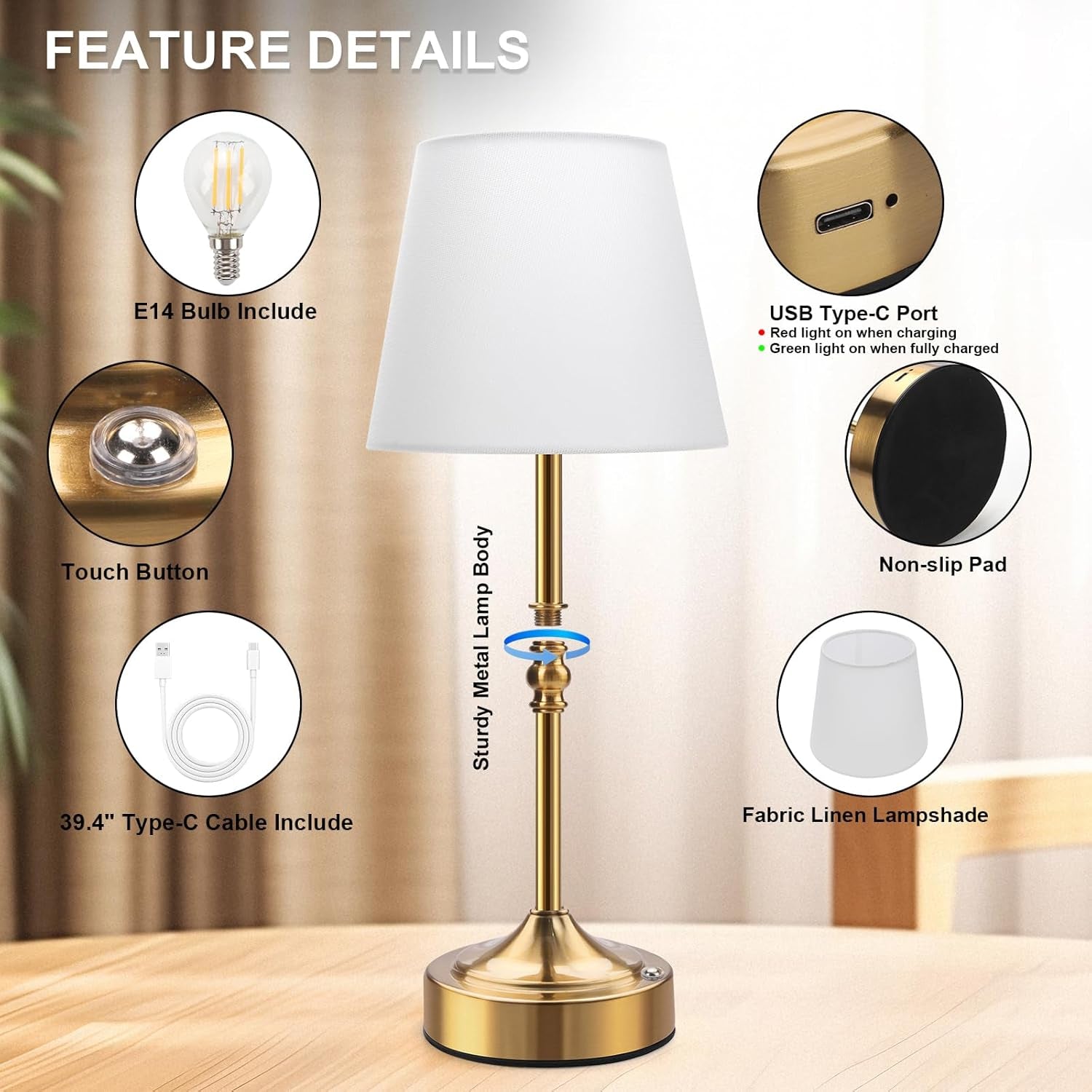 Rechargeable Cordless Table Lamp, 5000Mah Battery Operated Lamp, Wireless 3-Level Dimmable Touch Lamp, Portable Night Bedside Brass Lamp, Desk Light for Home Decor, Patio, Restaurant, Dinning