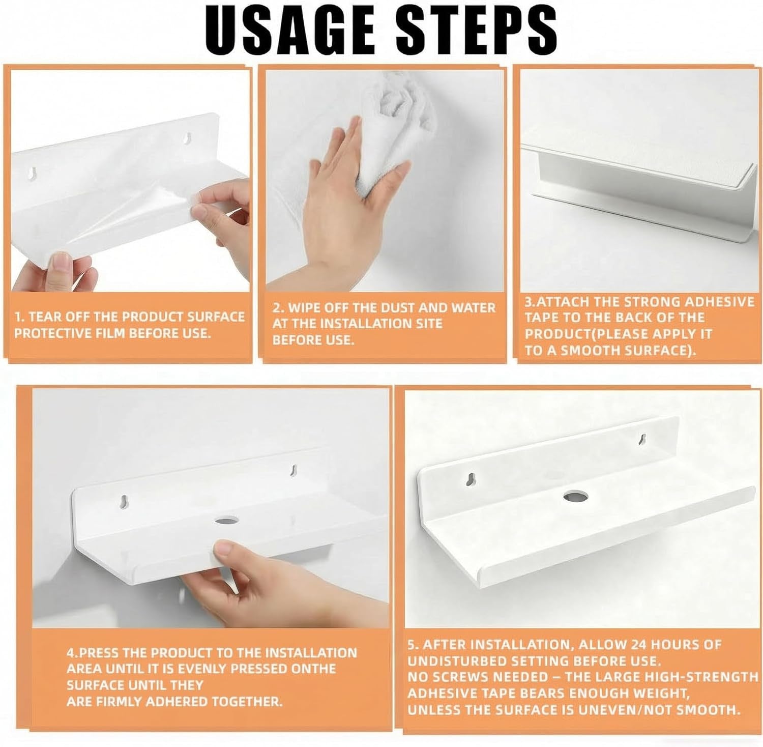 Acrylic Floating Shelves, Adhesive Wall Mount Command Shelves for Bathroom, Kitchen, Dorm - Renter-Friendly Easy Install Wall Shelves for Home Decor and Organization (Glossy White-4 Pack)