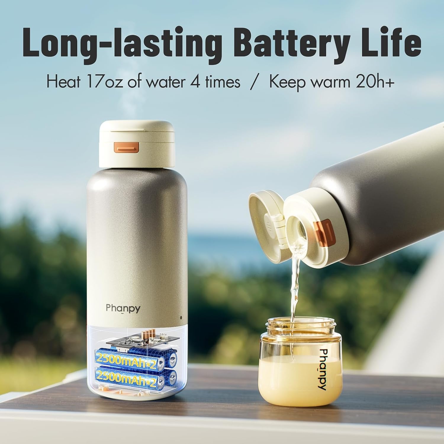 Portable Bottle Warmer - Detachable 10000Mah Battery, 212Â°F Boil & Sterilization, 3 Min Fast Heating, 100W, 17 OZ Large Capacity, Designed for Travel Bottle Warmer on the Go