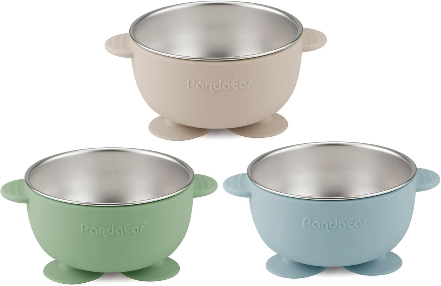 3 Pack Stainless Steel Baby Suction Bowls, Non-Slip Child Food Bowl with Silicone Sleeve for Kids Toddlers Infants, Unbreakable & Mess Free (Blue Green Beige)