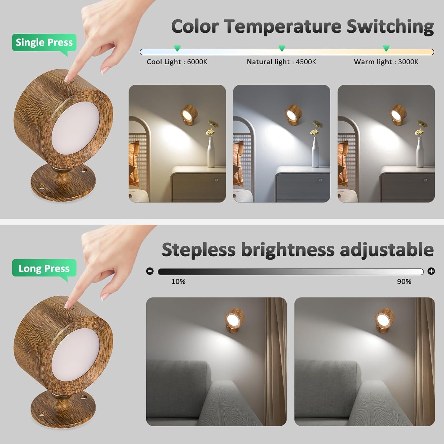 LED Wall Lights, Wall Sconces 2 Pcs with Remote Rechargeable Battery Operated, 3 Color Temperatures & Dimmable Wall Lamp Magnetic 360Â° Rotation Light for Bedroom Living Room