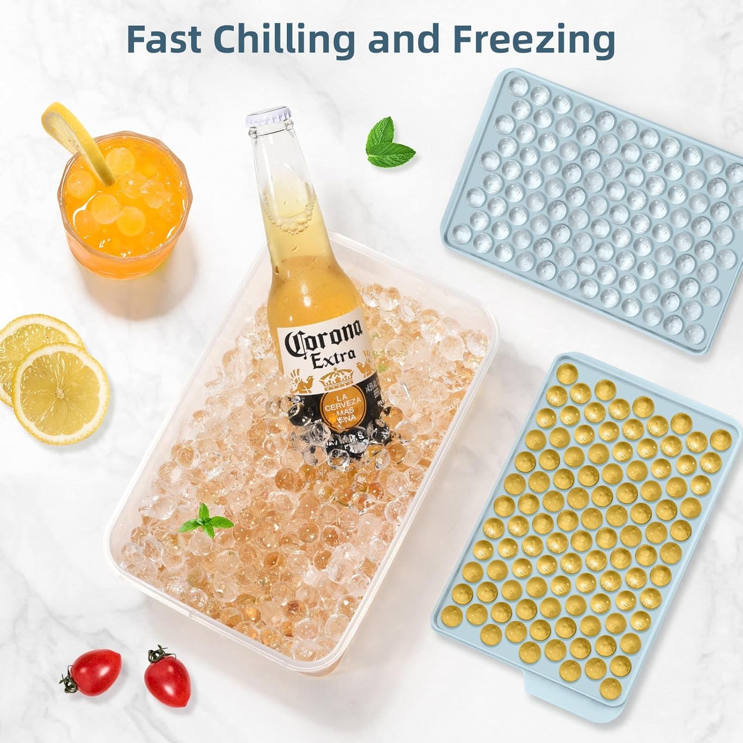 Mini Ice Cube Trays, 0.55” Tiny Pebble Ice for Iced Coffee & Cocktails, Fast Chill, Easy Twist Release, Stackable with Lid & Storage Bin (4 Pack, Blue)