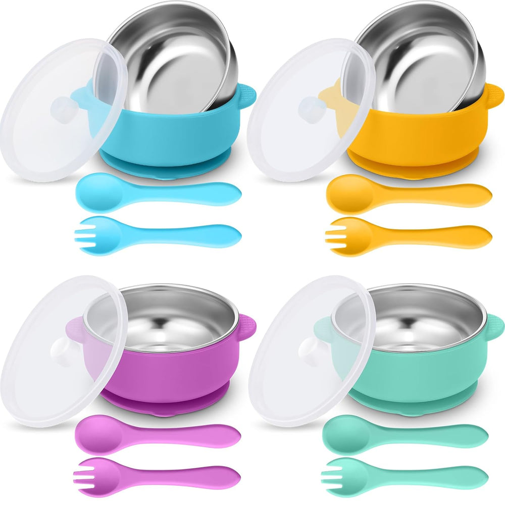 4 Sets 304 Stainless Steel Baby Bowls with Removable Silicone Shell Toddler Bowls with Suction Kids Bowls with Lids Spoons and Fork anti Scald, Dishwasher Safe (Blue,Green,Yellow,Purple)