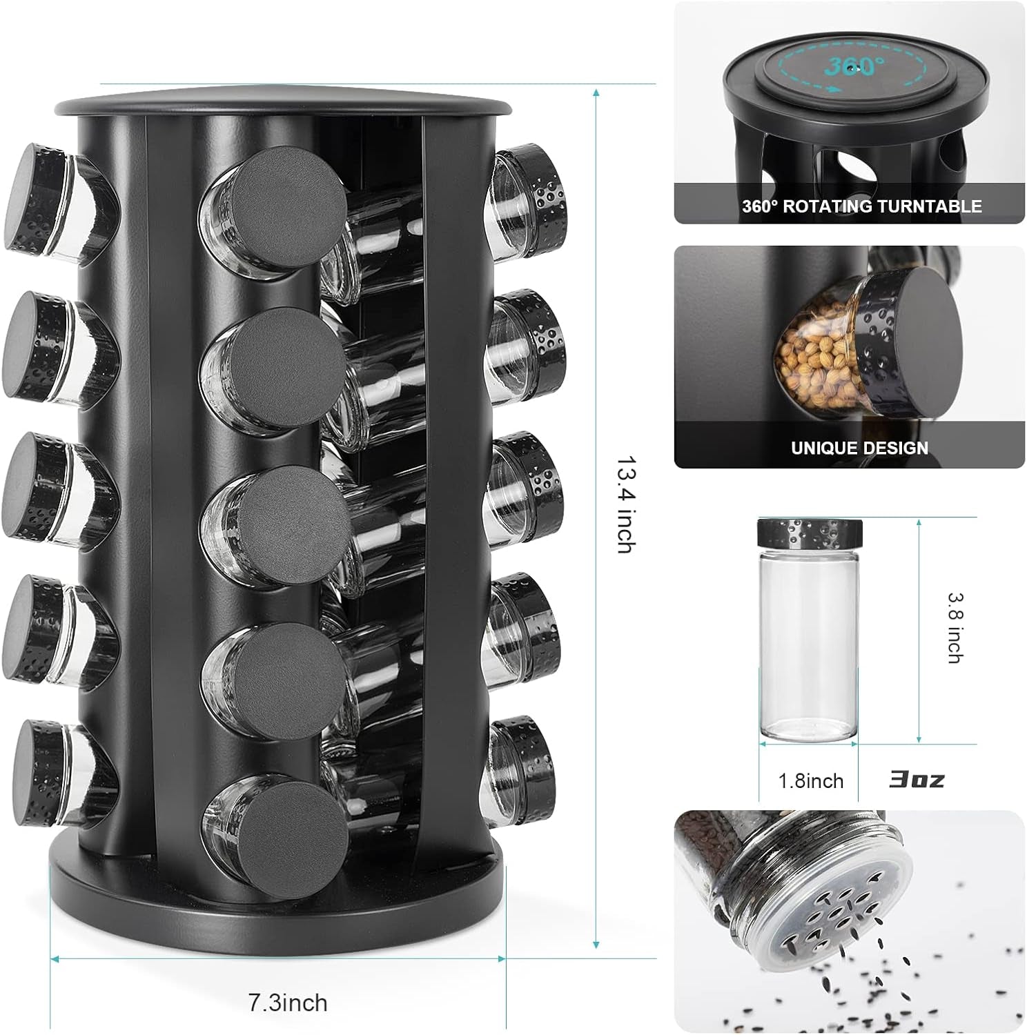 Black Countertop Rotating Spice Rack, round Empty 20-Jars Revolving Spice Rack Organizer, 135 Spice Labels with Funnel Complete Set, for Kitchen Countertop, Cabinet
