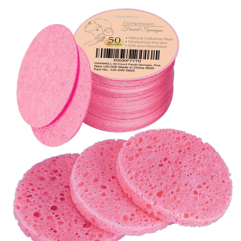 50-Count Compressed Facial Sponge for Daily Facial Cleansing and Exfoliating, 100ï¼… Natural Cosmetic Spa Sponges for Makeup Remover, Reusable, Pink