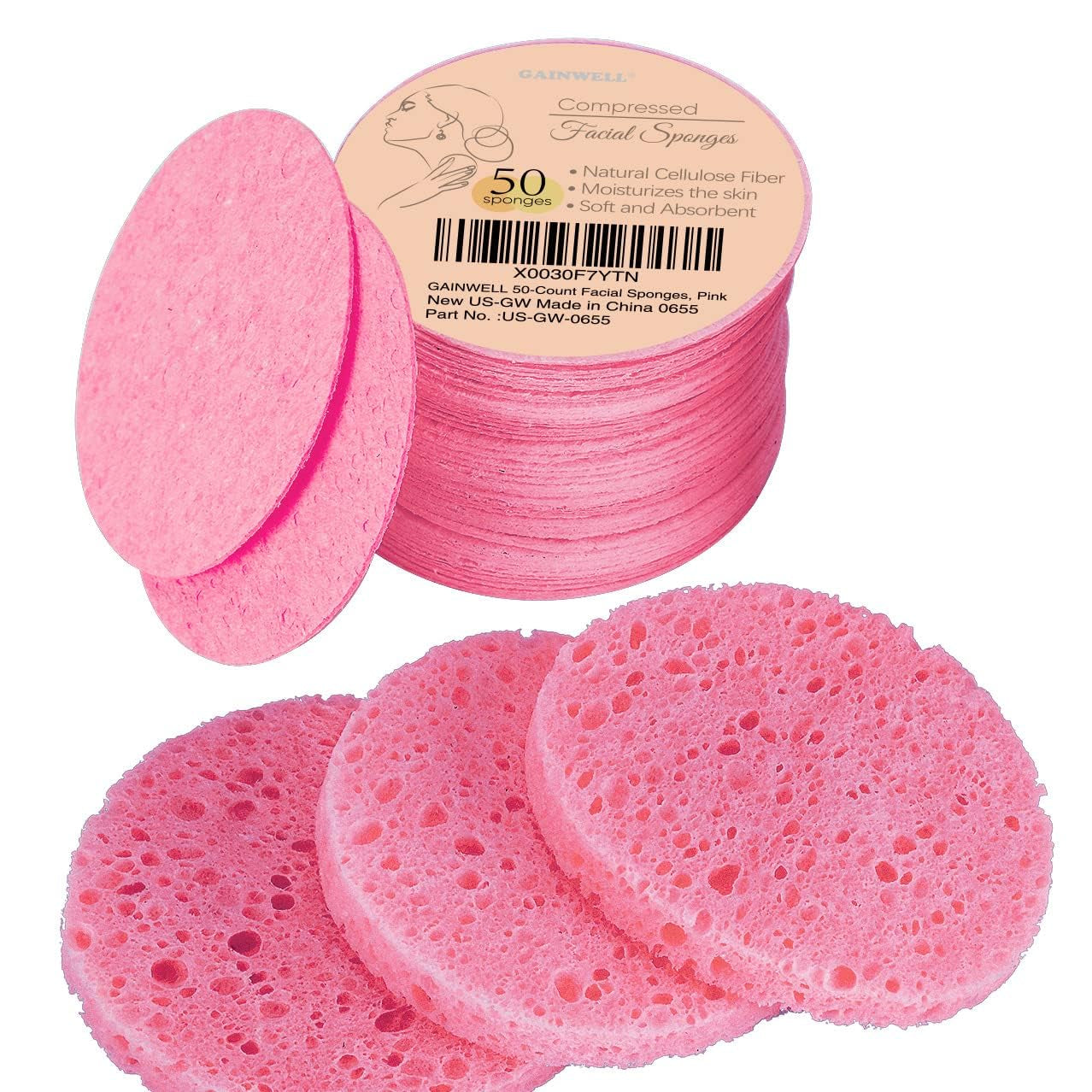 50-Count Compressed Facial Sponge for Daily Facial Cleansing and Exfoliating, 100ï¼… Natural Cosmetic Spa Sponges for Makeup Remover, Reusable, Pink