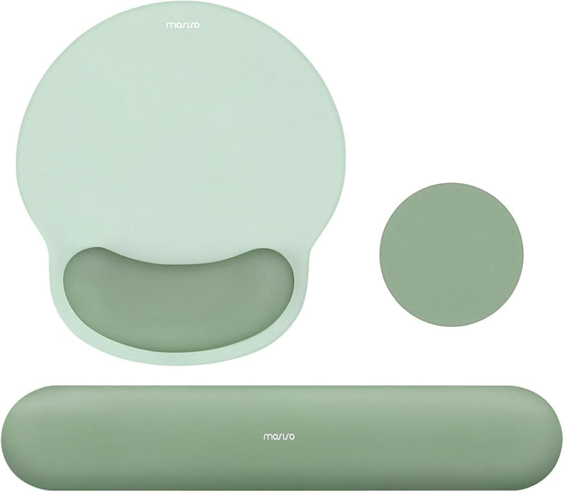 Wrist Rest Support for Mouse Pad&Keyboard Set, Circle Curved Ergonomic Mousepad&Coaster Non-Slip Base Home/Office Pain Relief&Easy Typing Pad with Soft Cloth&Silicone Lining, Antique Green