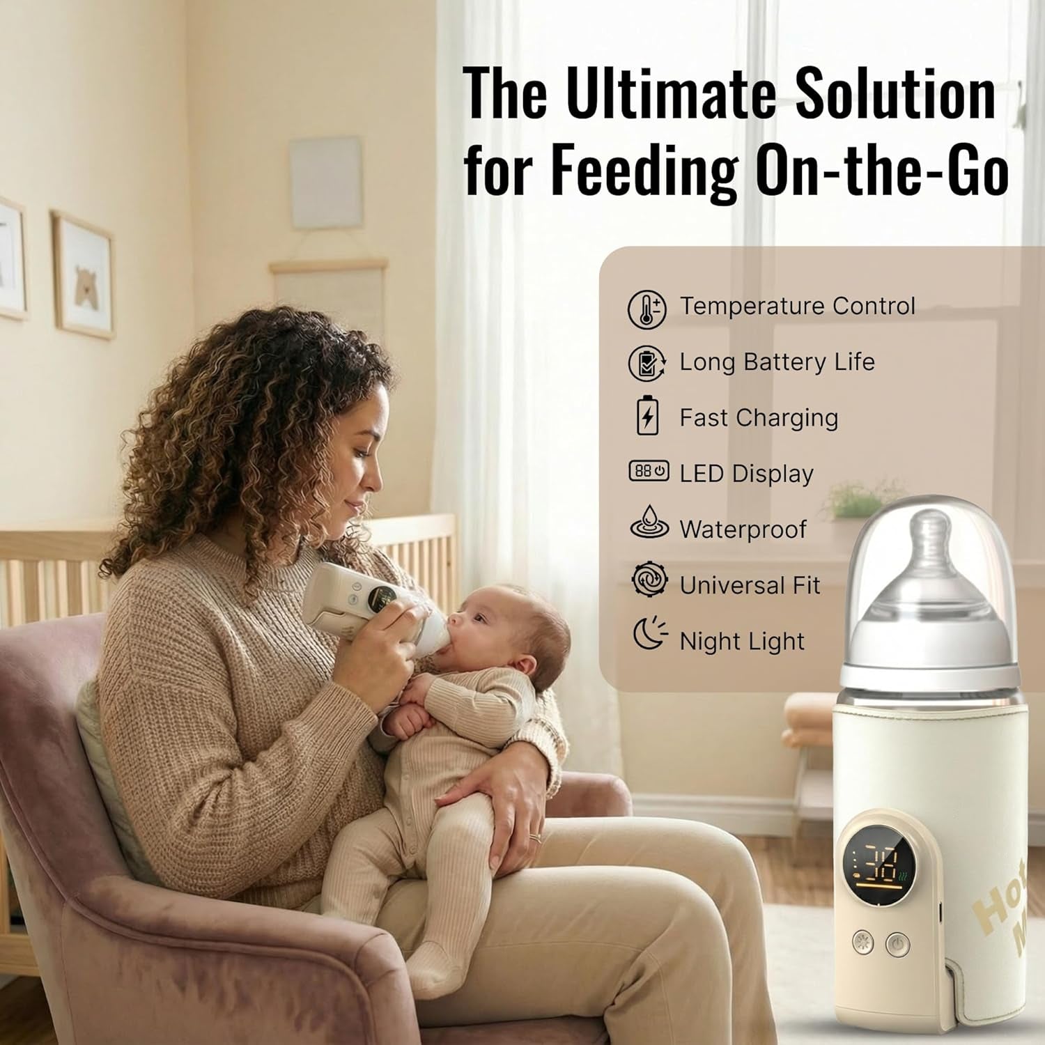 Portable Bottle Warmer for Travel - Car Waterless Bottle Warmer for Breastmilk & Formula Milk - Rechargeable Battery Powered Fast Heating with Temperature Control for on the Go Baby Feeding