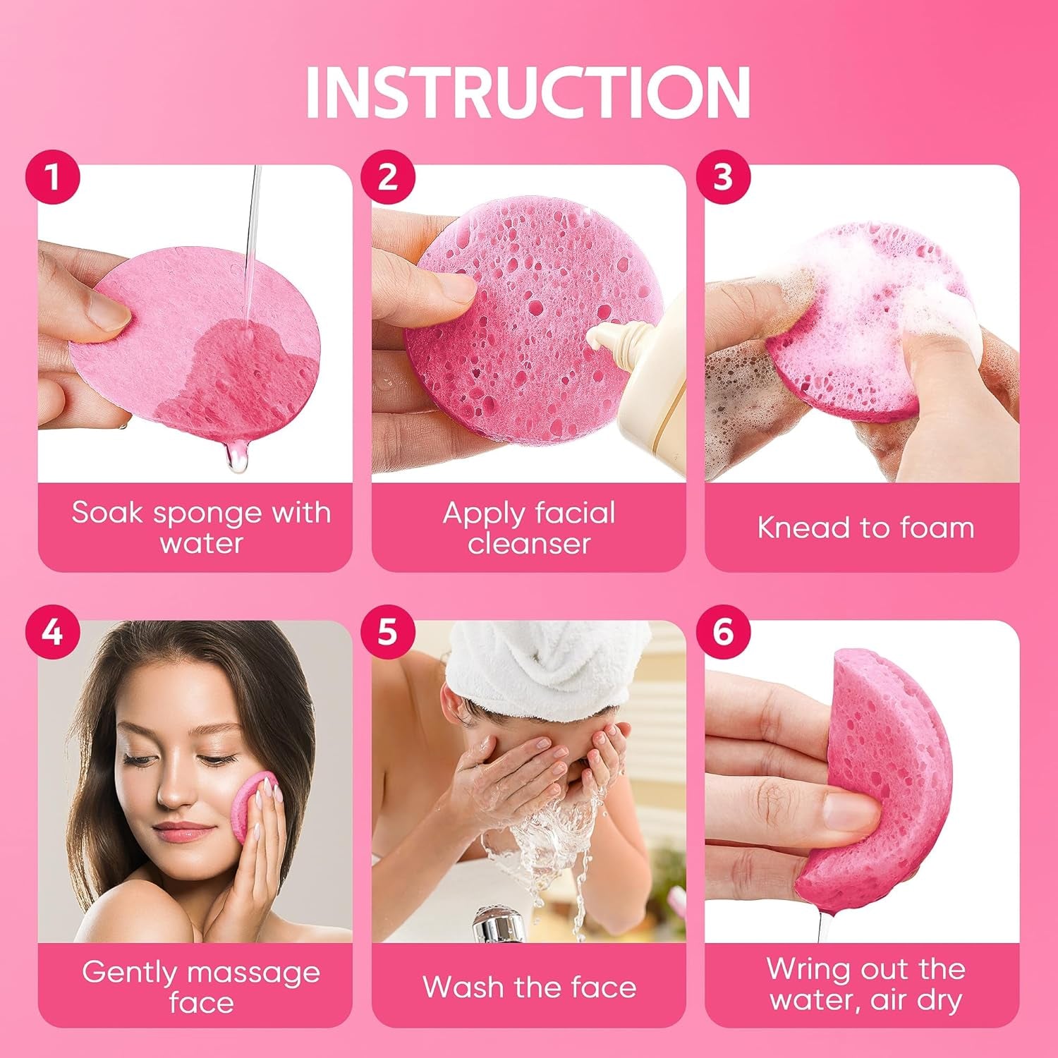 50-Count Compressed Facial Sponge for Daily Facial Cleansing and Exfoliating, 100ï¼… Natural Cosmetic Spa Sponges for Makeup Remover, Reusable, Pink