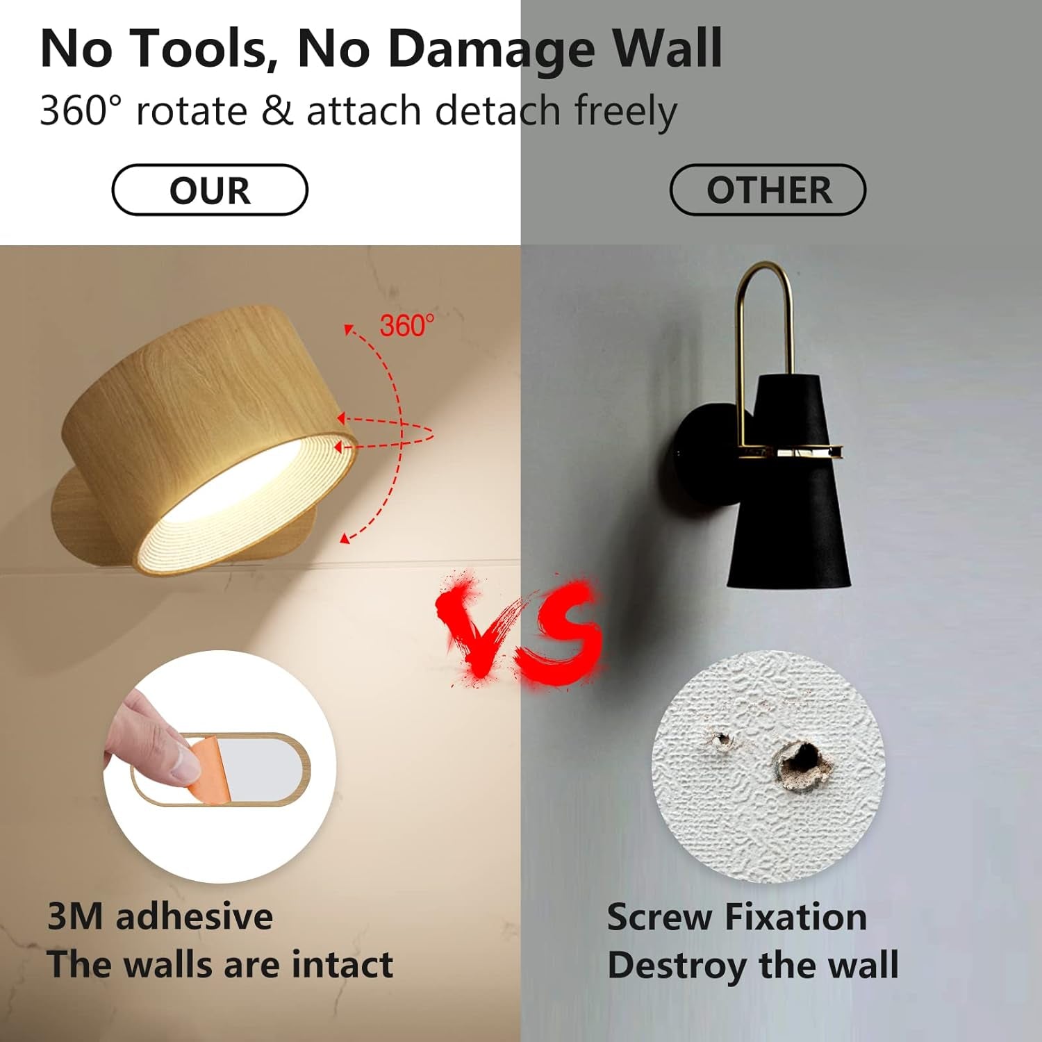 LED Sconces, Wall Mounted Lamps with Rechargeable Battery Operated USB Port 3 Color Temperatures & 3 Brightness Levels 360Â°Rotate Magnetic Ball, Cordless Lights for Reading Bedside