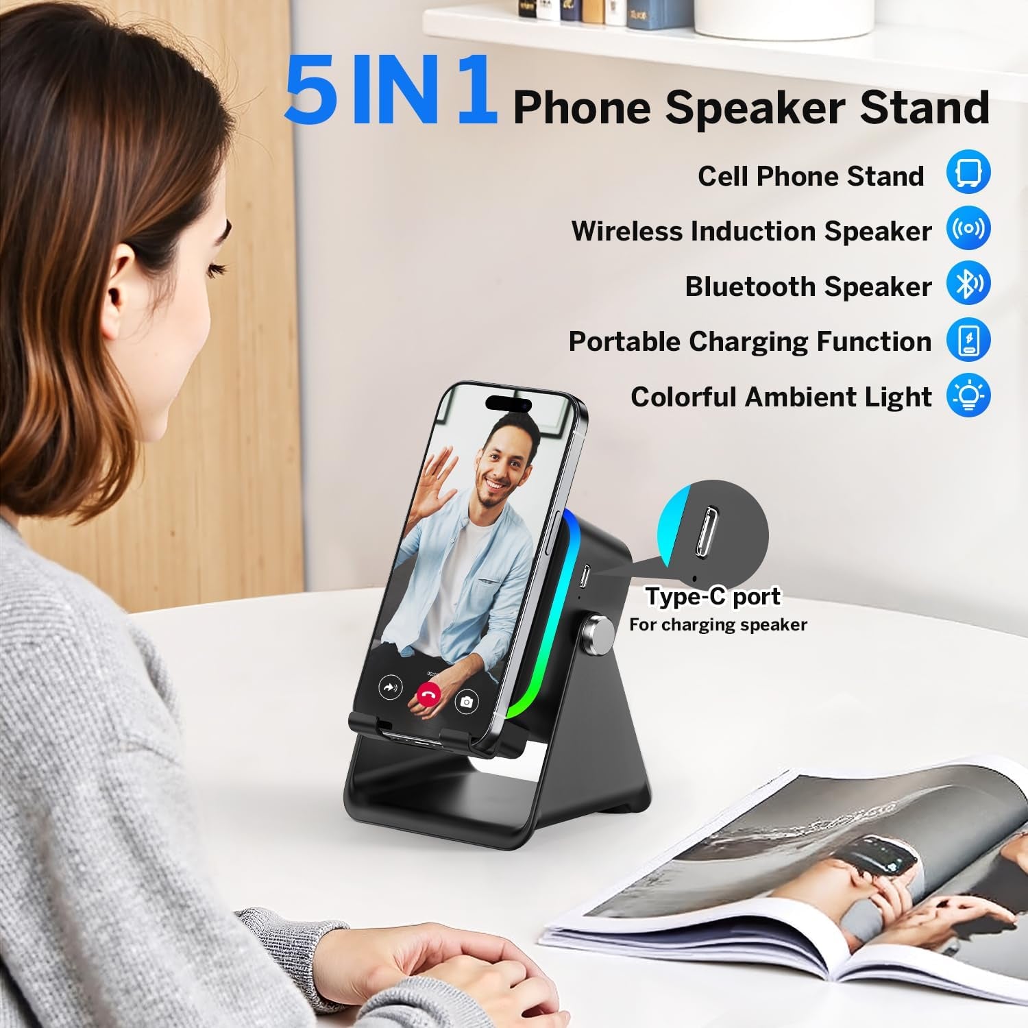 Wireless Induction Speaker 5-In-1 Bluetooth Speaker with Phone Stand,Stereo Sound, 3500Mah Rechargeable, 8 RGB Ambient Light, 360° Adjustable Holder for Iphone/Android/Ipad,Gifts for Men Women (Black)