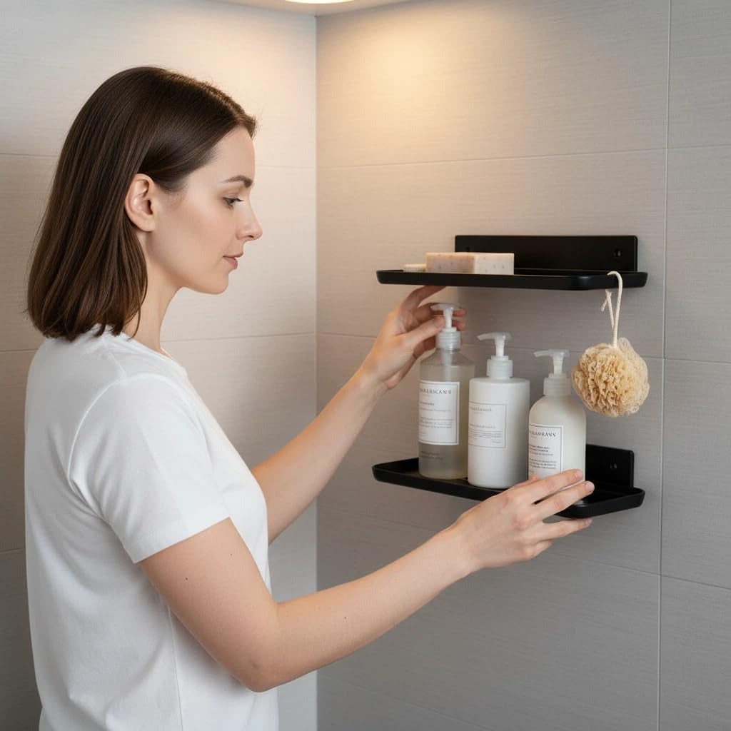 Adhesive Floating Shelves No Drill Floating Shelf for Wall Storage Damage-Free Wall Mounted Organizer for Bathroom, Kitchen, Bedroom & Office (Black, 2 PCS)