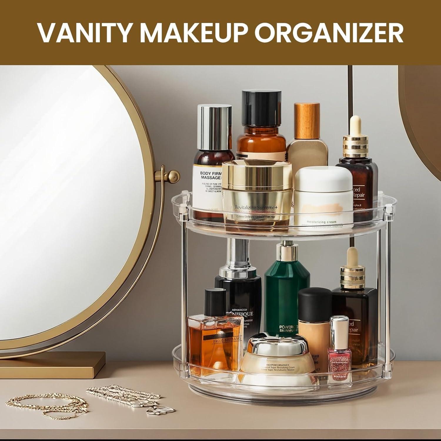 2 Tier Non-Skid Acrylic Lazy Susan Turntable Organizer - Rotating Spice Rack - Spinning Organization Tray for Kitchen, Pantry, Countertop, Closet, Bathroom, Vanity, Medicine Cabinet Organizing, 9.25''